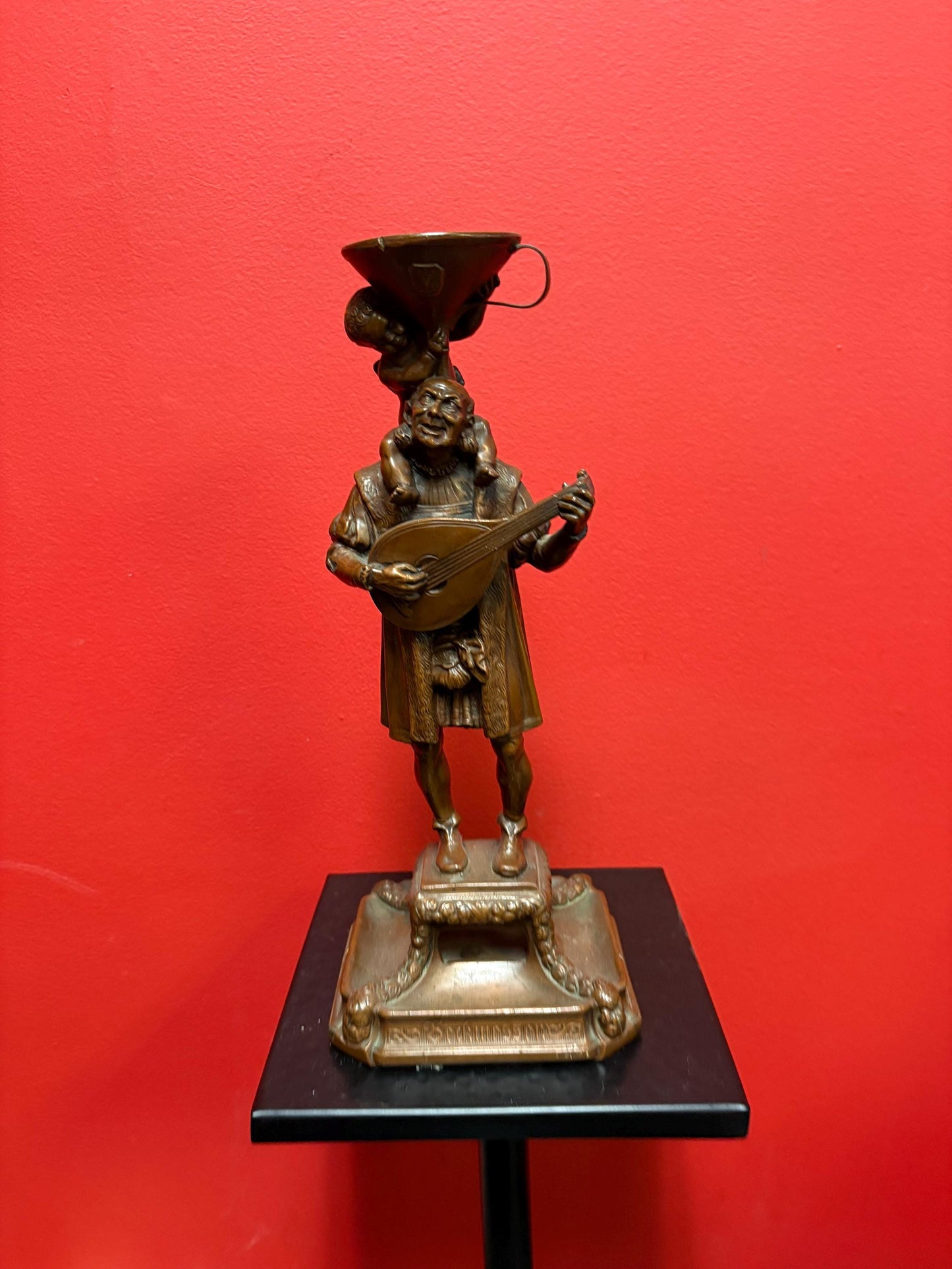 Beautiful 12 inch high antique European 19 century bronze of a mandolin player with a cherub statue candlestick great condition - B