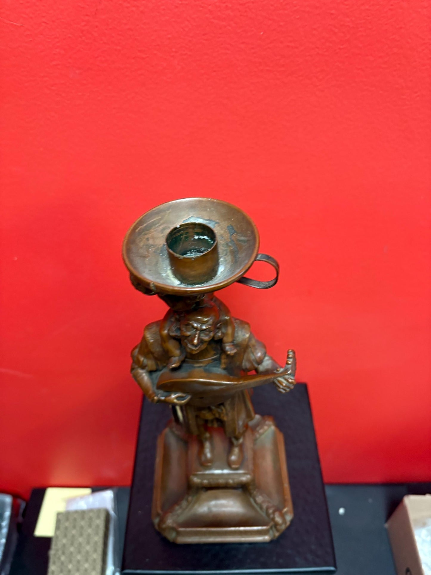 Beautiful 12 inch high antique European 19 century bronze of a mandolin player with a cherub statue candlestick great condition - B