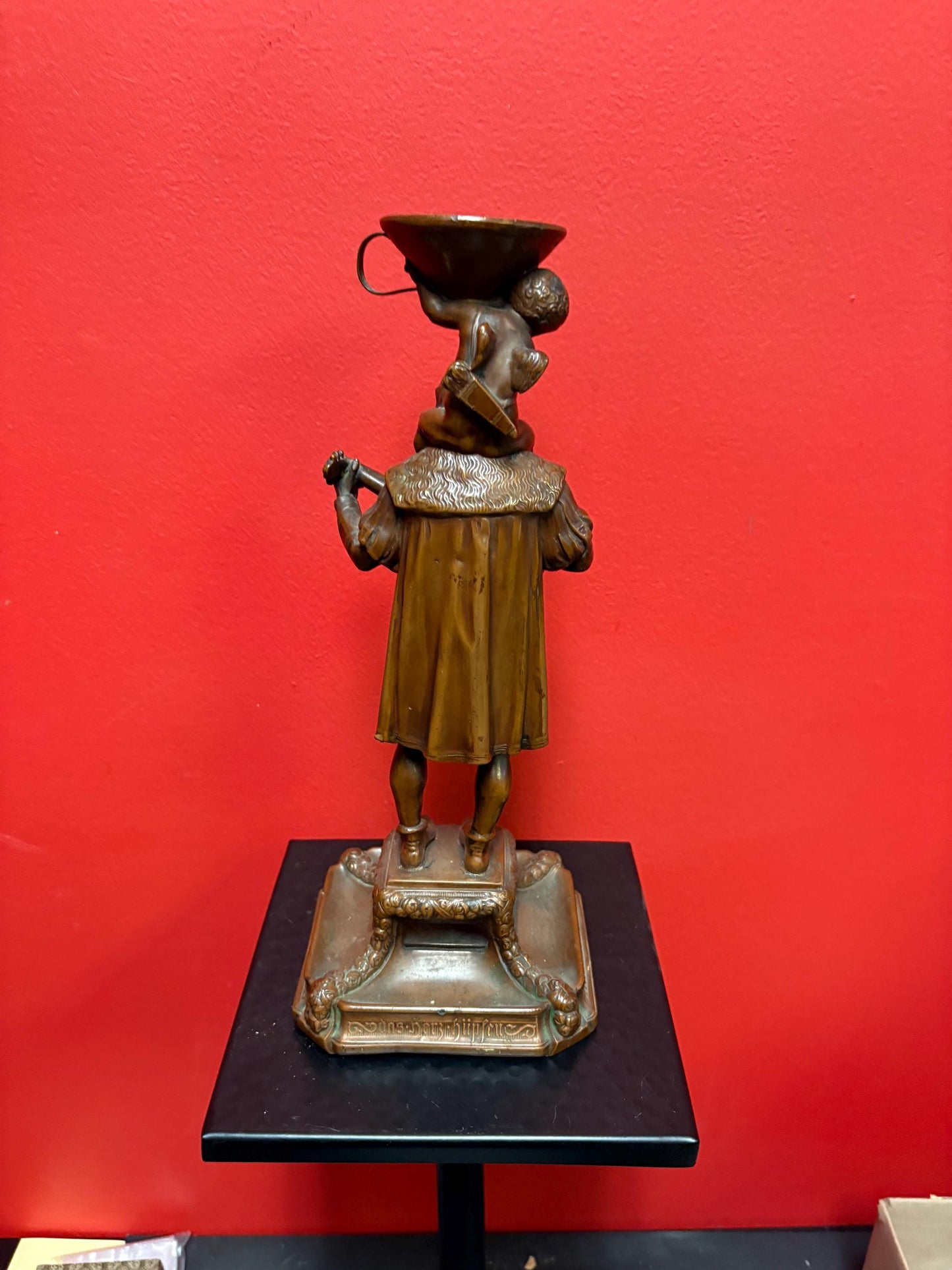 Beautiful 12 inch high antique European 19 century bronze of a mandolin player with a cherub statue candlestick great condition - B