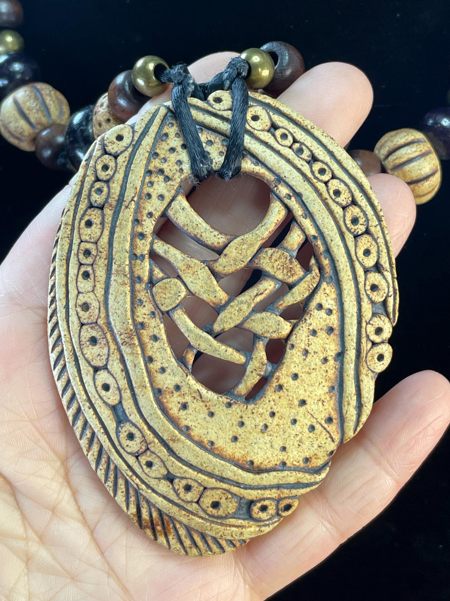 Handcrafted Pottery Pendant Necklace with Wood Beads