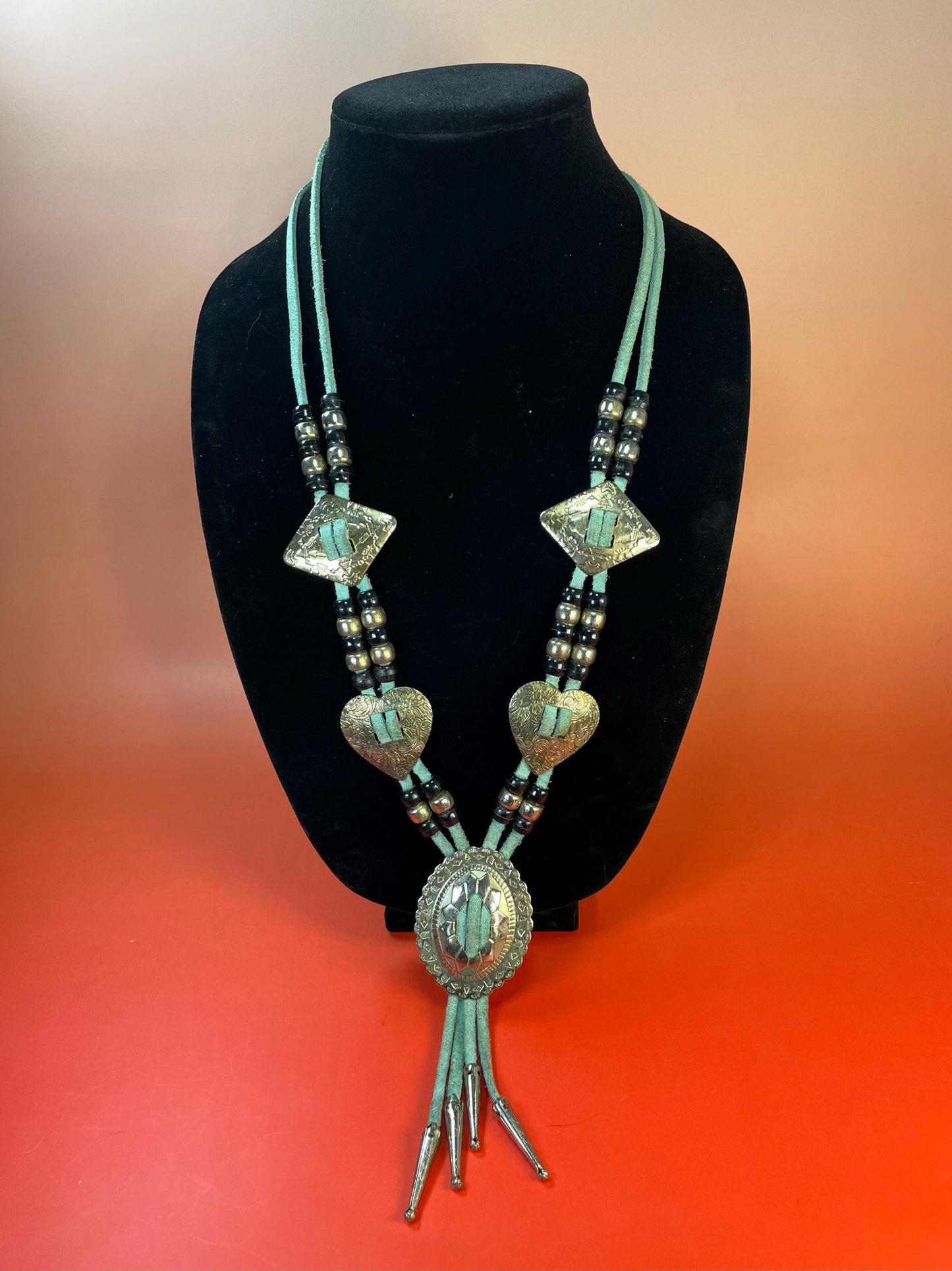 Southwestern Turquoise leather & Silver-tone Concho Necklace