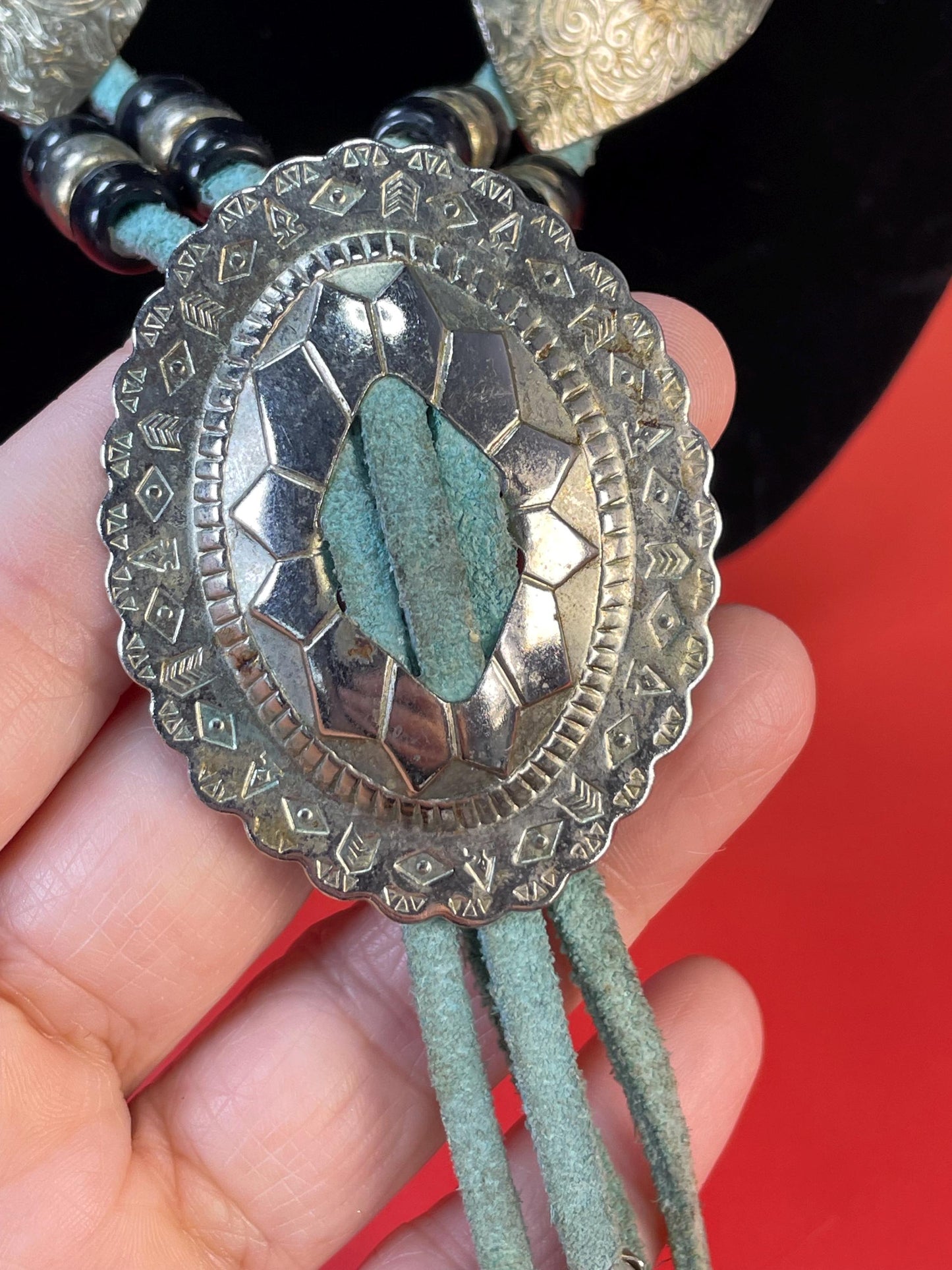 Southwestern Turquoise leather & Silver-tone Concho Necklace