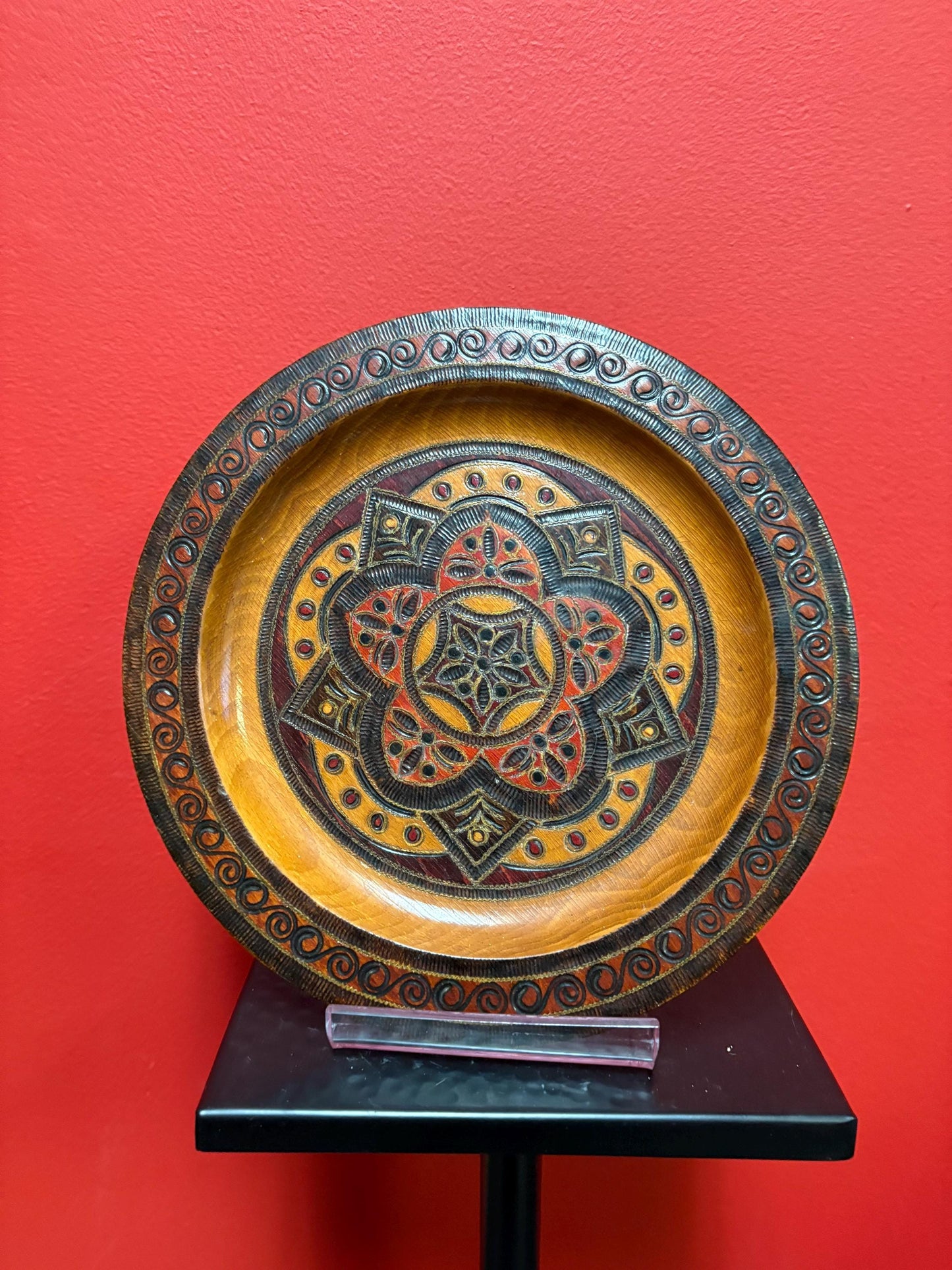 Beautiful old Persian style wooden plate  great detail and 9 inches across