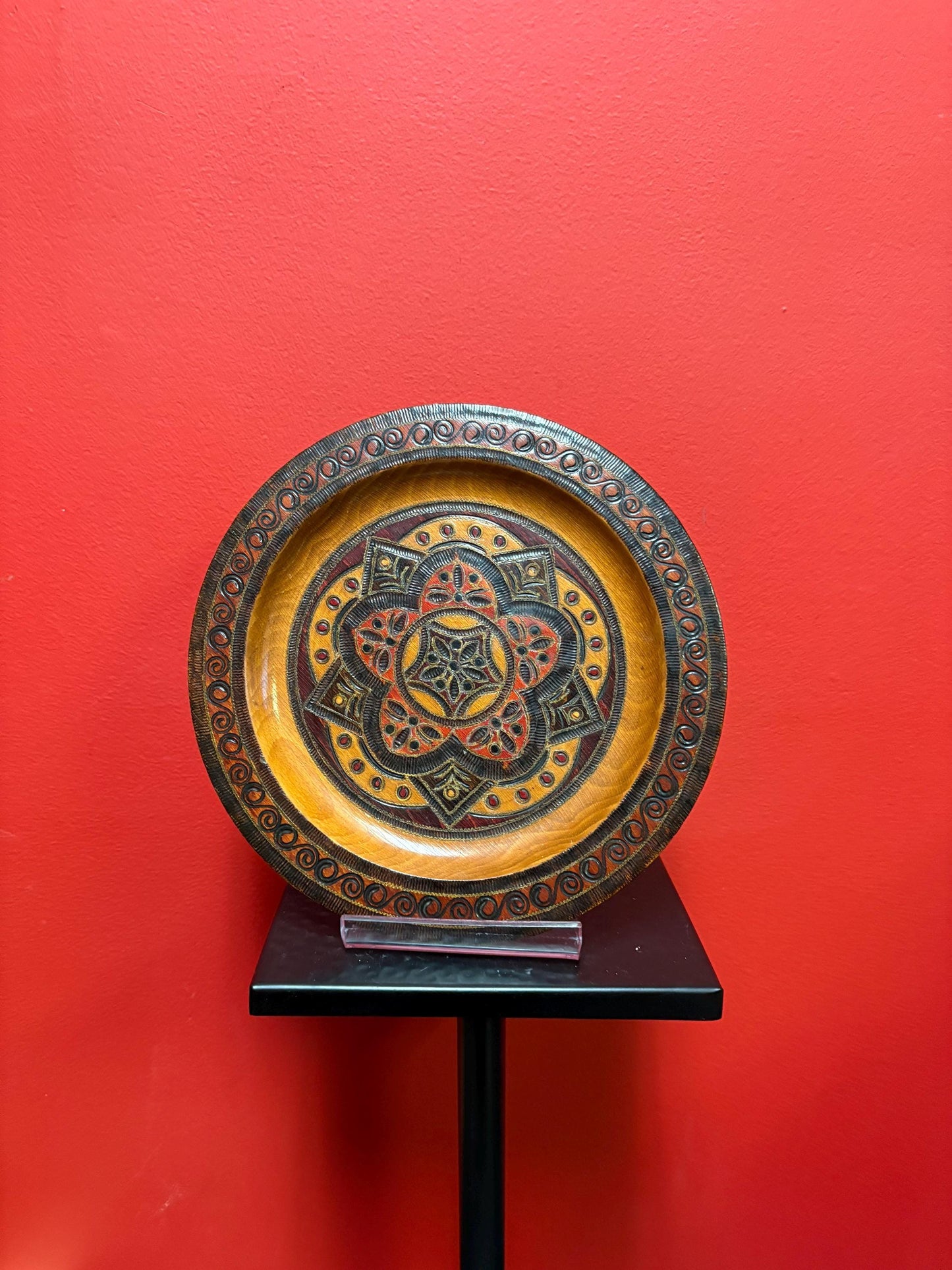 Beautiful old Persian style wooden plate  great detail and 9 inches across