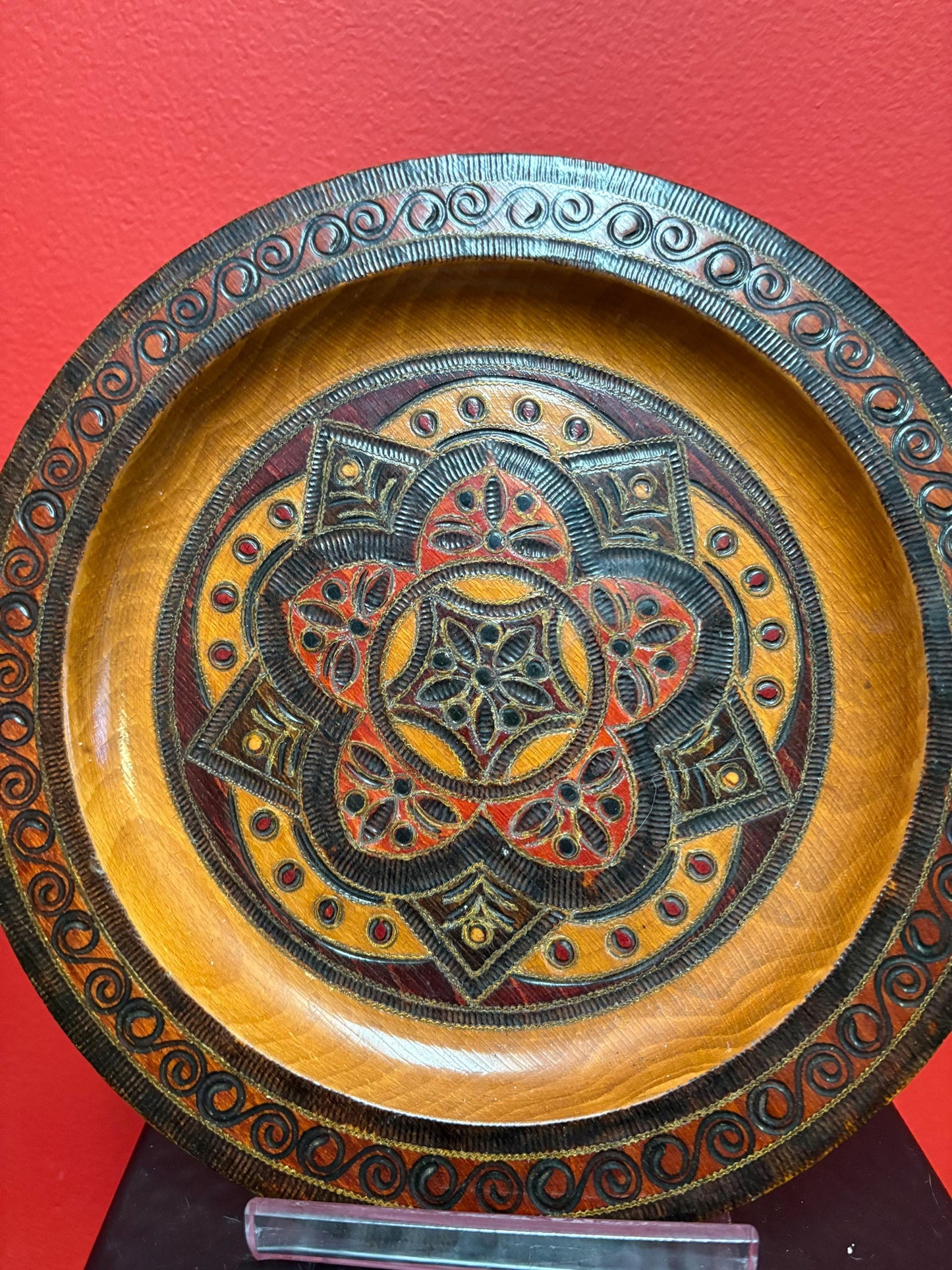 Beautiful old Persian style wooden plate  great detail and 9 inches across