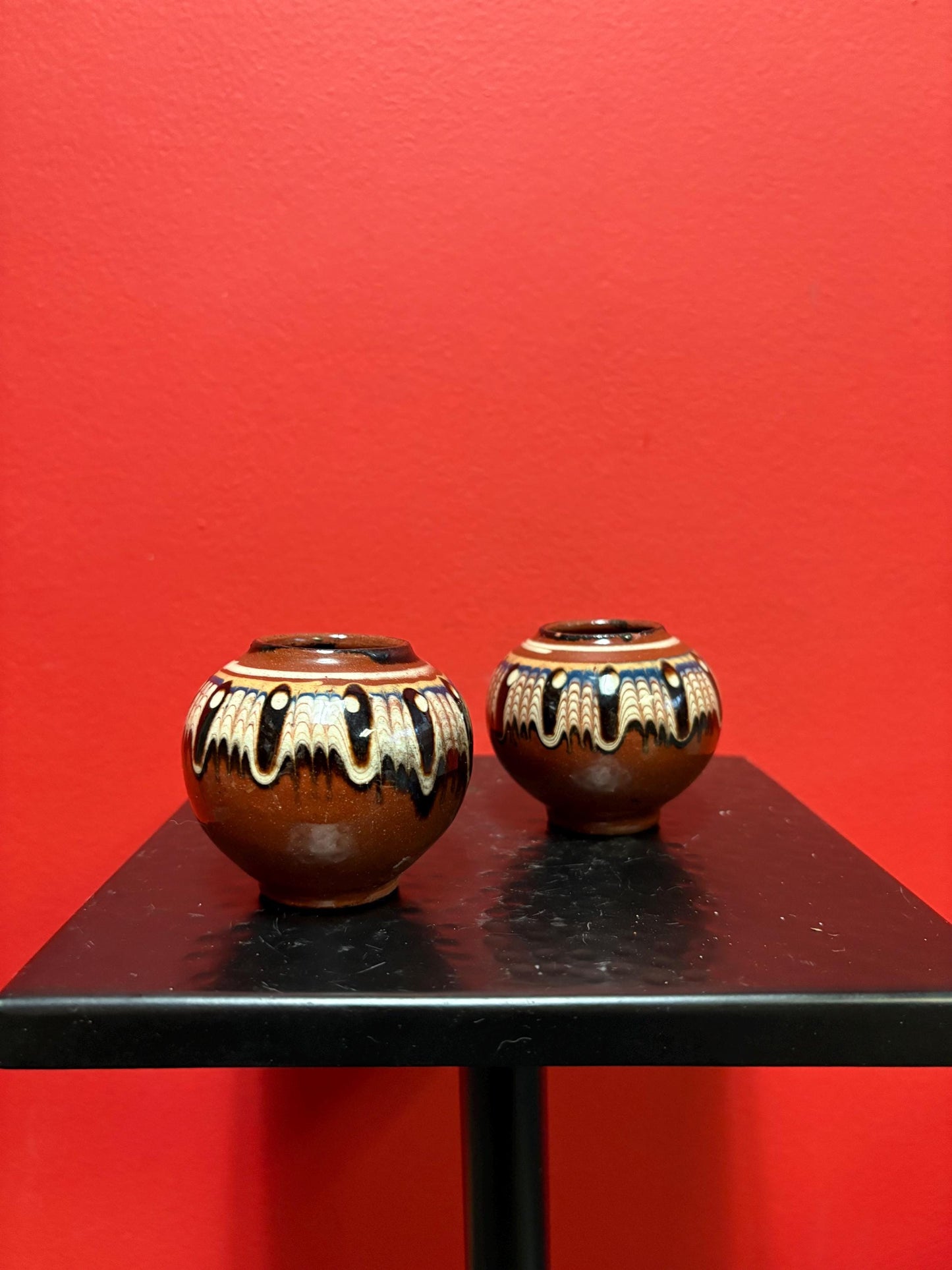 Lovely pair of 2 1/2 inch high South American terra-cotta painted pots  one chipped and one perfect  great value