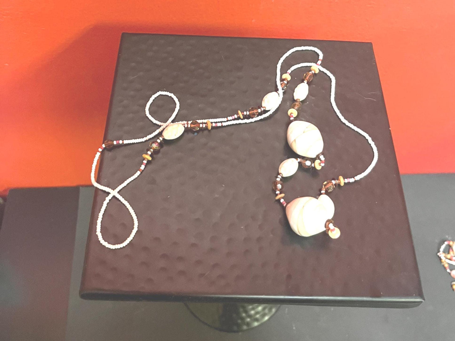 Very cool bead and glass  necklace approximately 35 inches long  no clasp