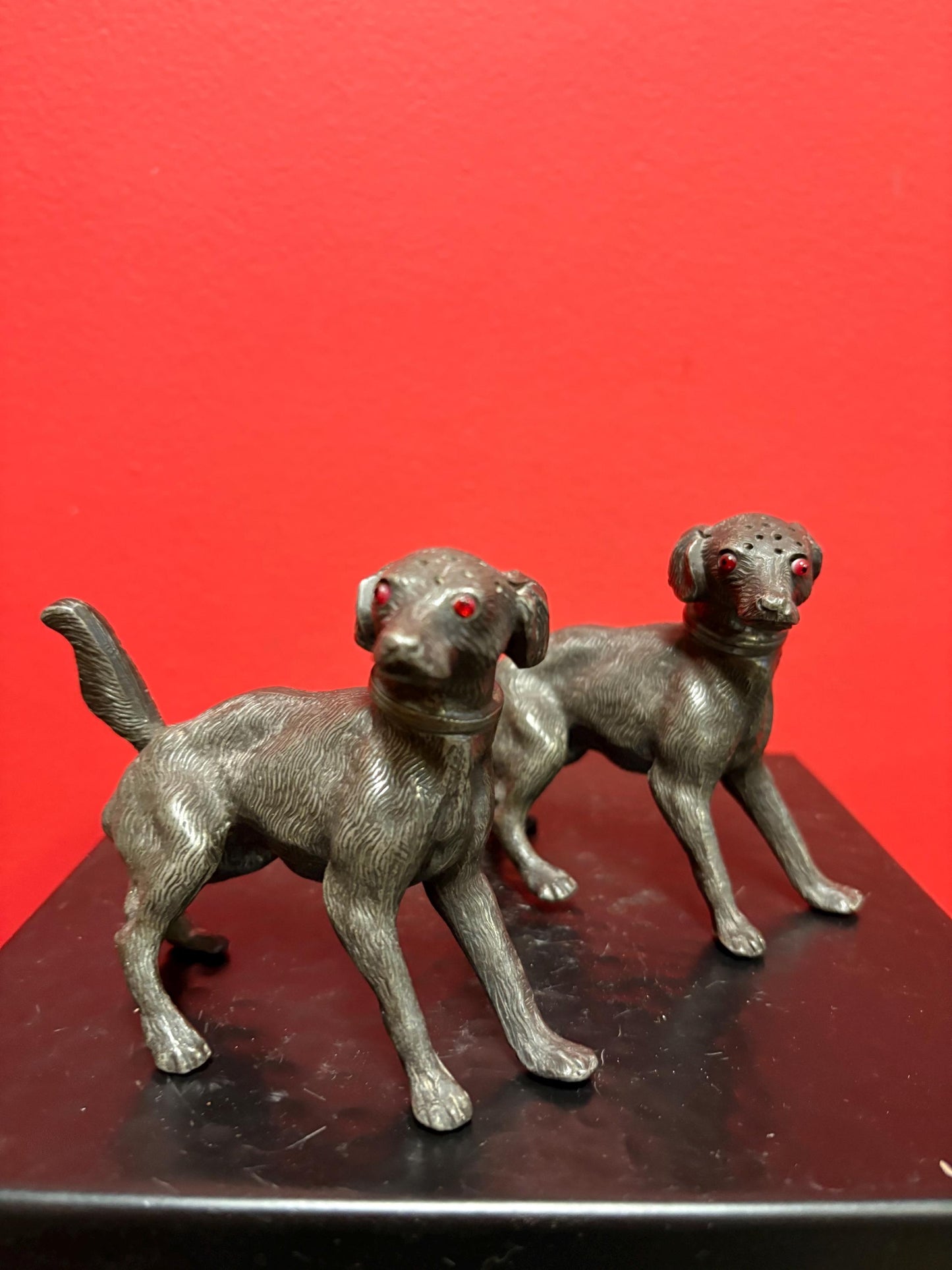 Lovely antique English pewter dog salt and pepper  4 x 3 high  lovely glass eyes  wonderful condition  perfect gift- B