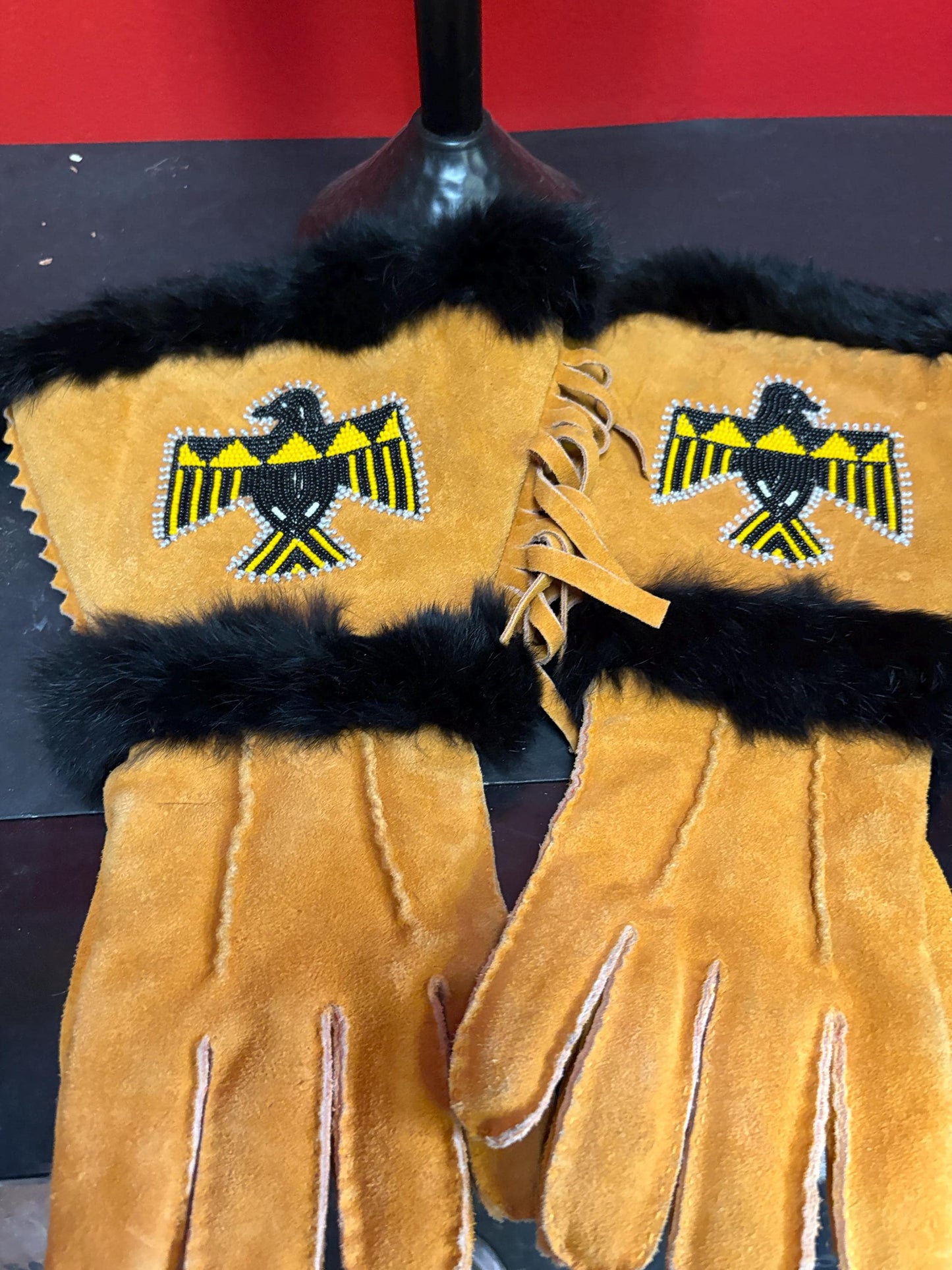 Beautiful indigenous first nations Pacific Northwest coast 14 x 7 wide leather and beaded gloves  wonderful condition