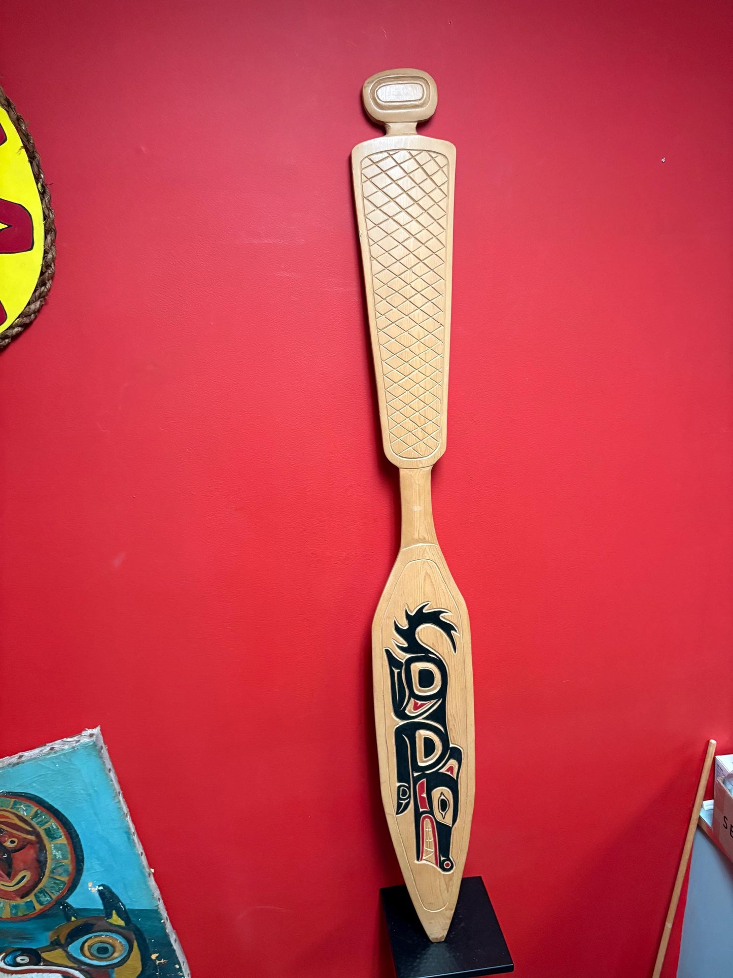 Stunning 54 x 7 indigenous first nations Pacific Northwest Coast Cedar Wolf paddle by Narcisse Baptiste   great artist  amazing imagery