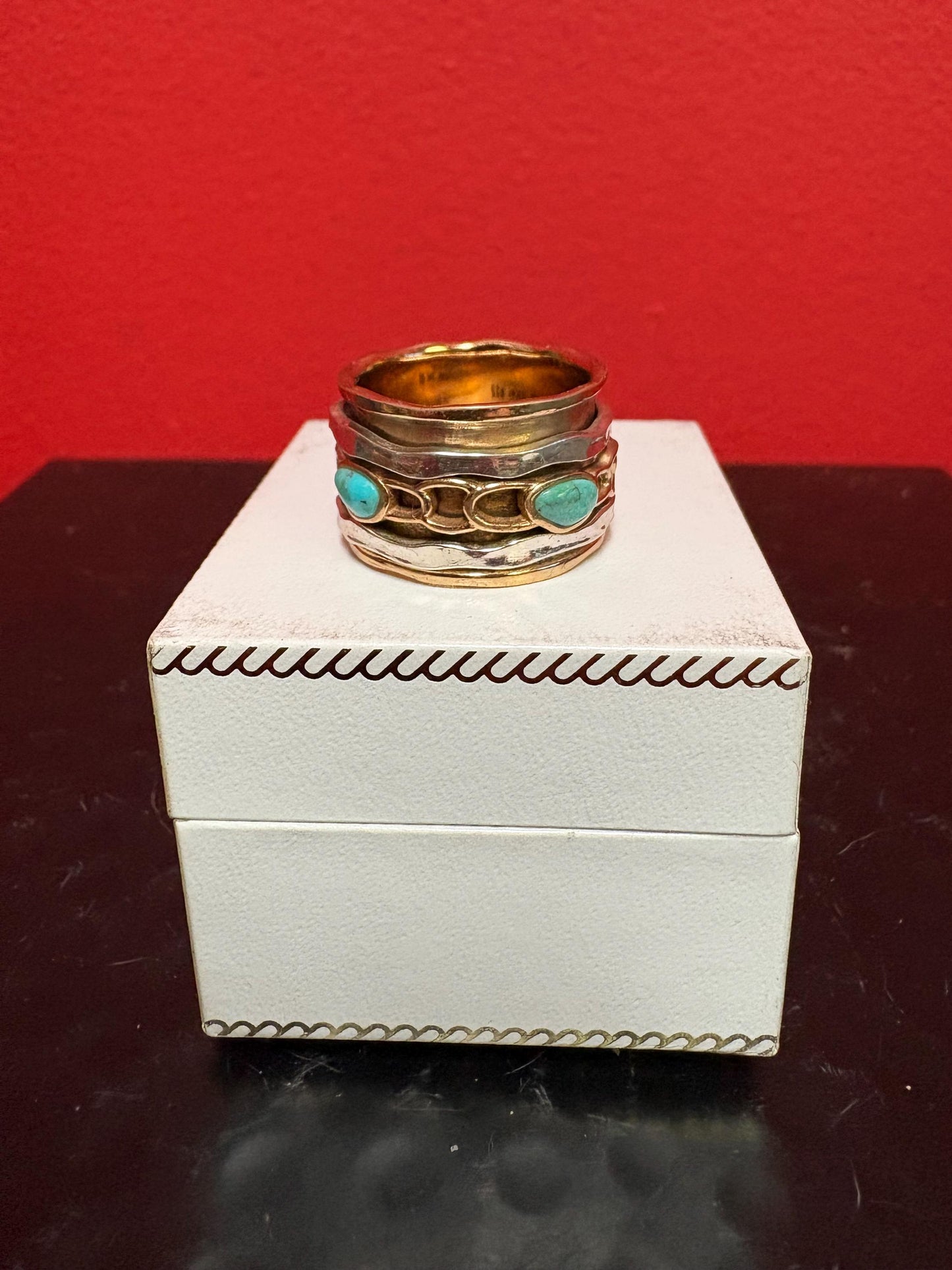 Turquoise 925 sterling and gold gilt ring  signed  size 8.5  really wow  statement piece - men or ladies  - B