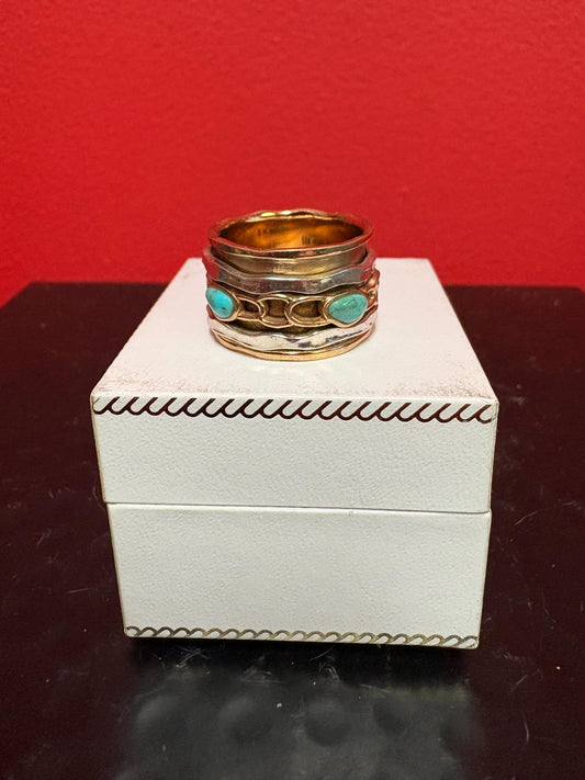 Turquoise 925 sterling and gold gilt ring  signed  size 8.5  really wow  statement piece - men or ladies  - B