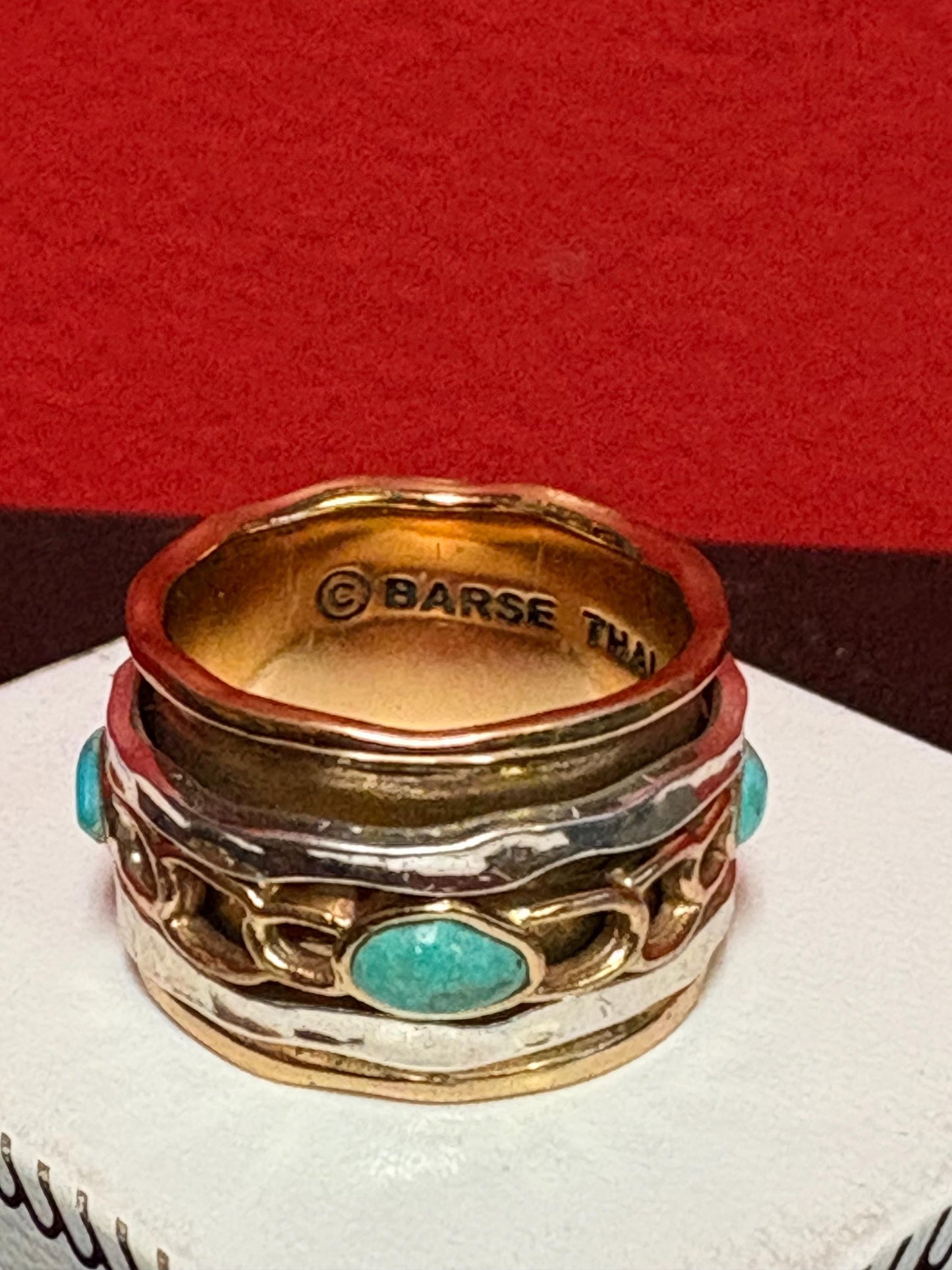 Turquoise 925 sterling and gold gilt ring  signed  size 8.5  really wow  statement piece - men or ladies  - B