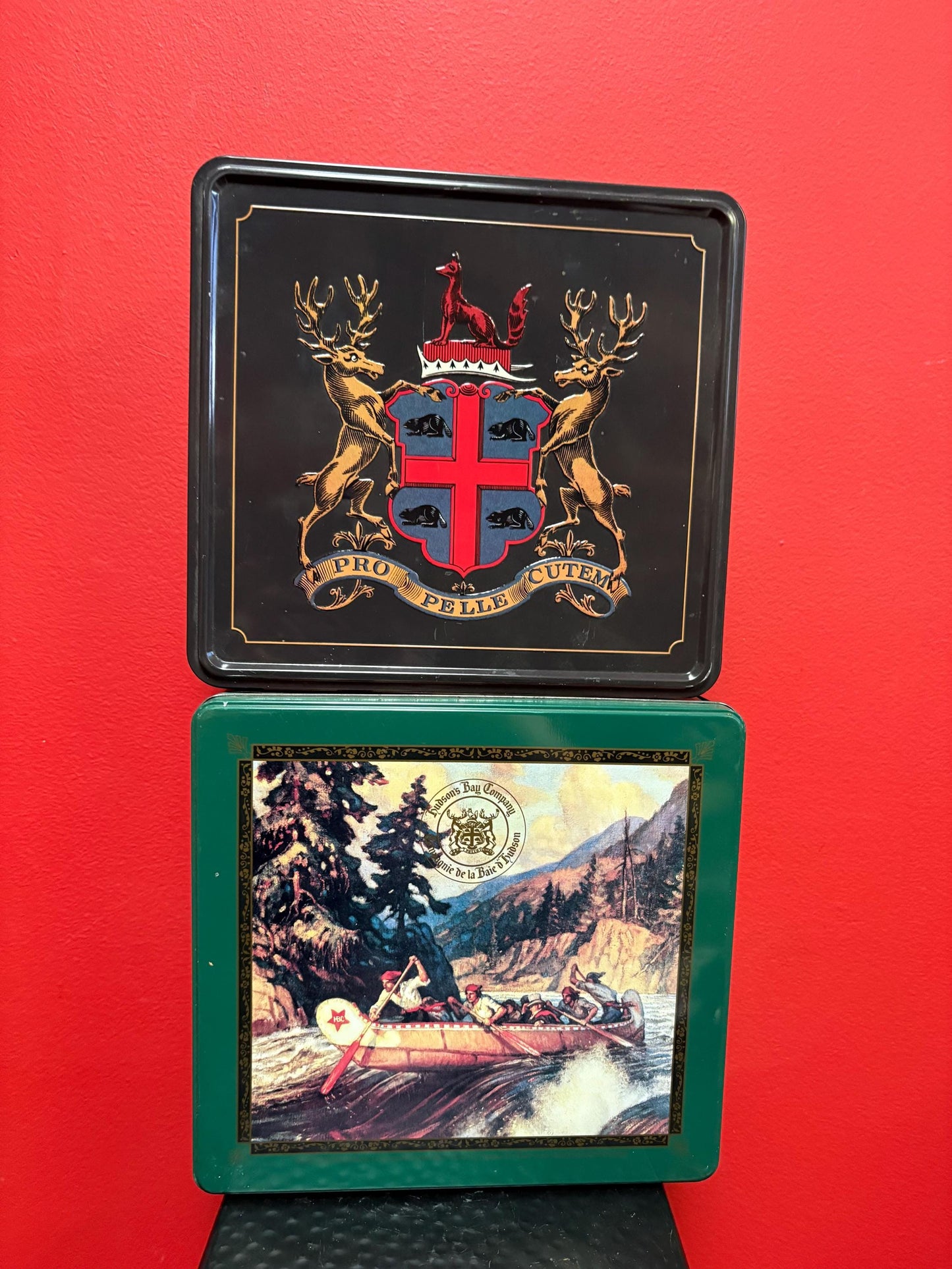 Hudson Bay Company two wonderful vintage HBC Hudson Bay Company tins in good condition  both 9 x 9  great gifts