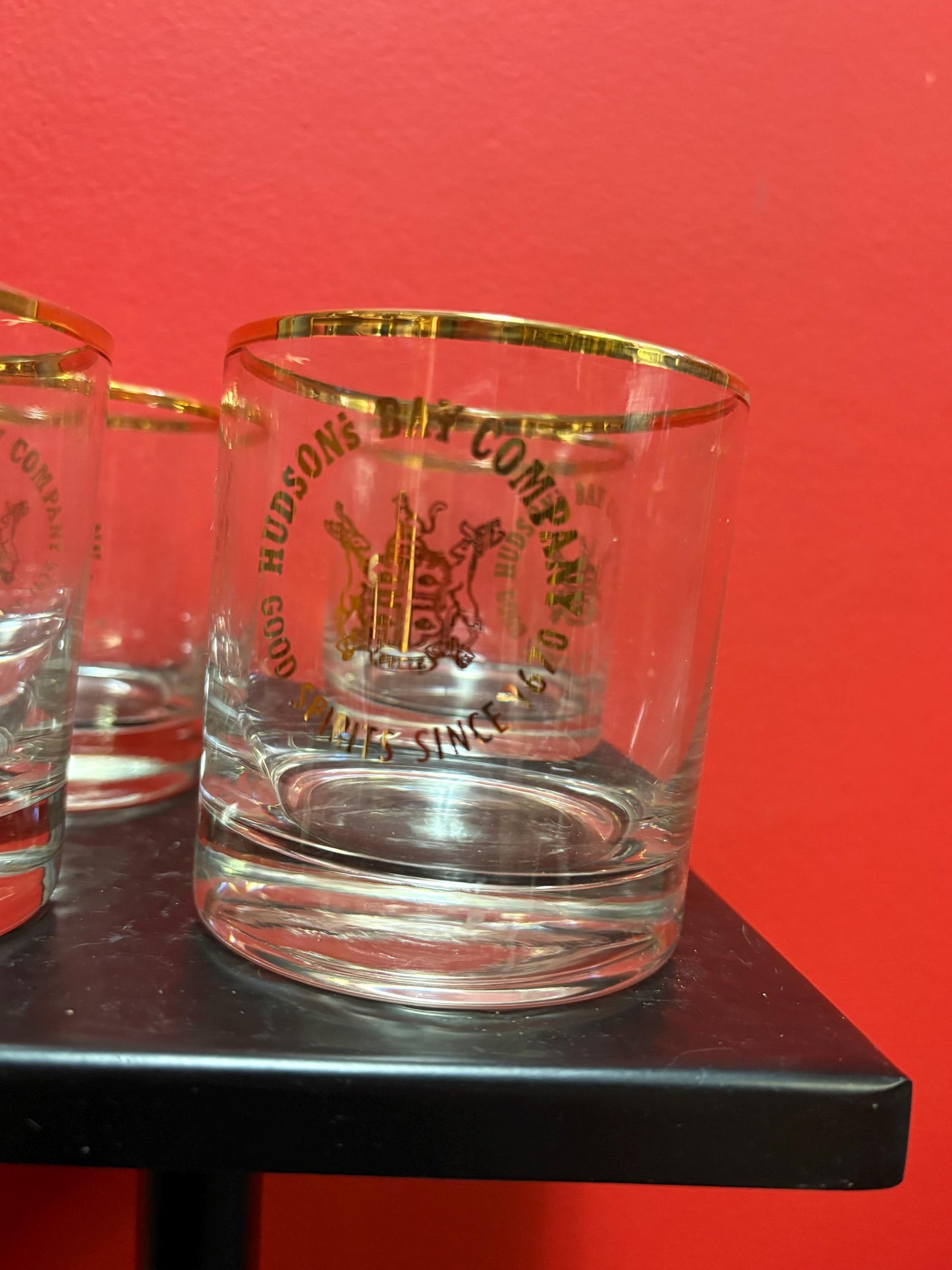 Beautiful set four 3 1/2 inch high Hudson Bay Company scotch whiskey glasses HBC Canadian history good condition