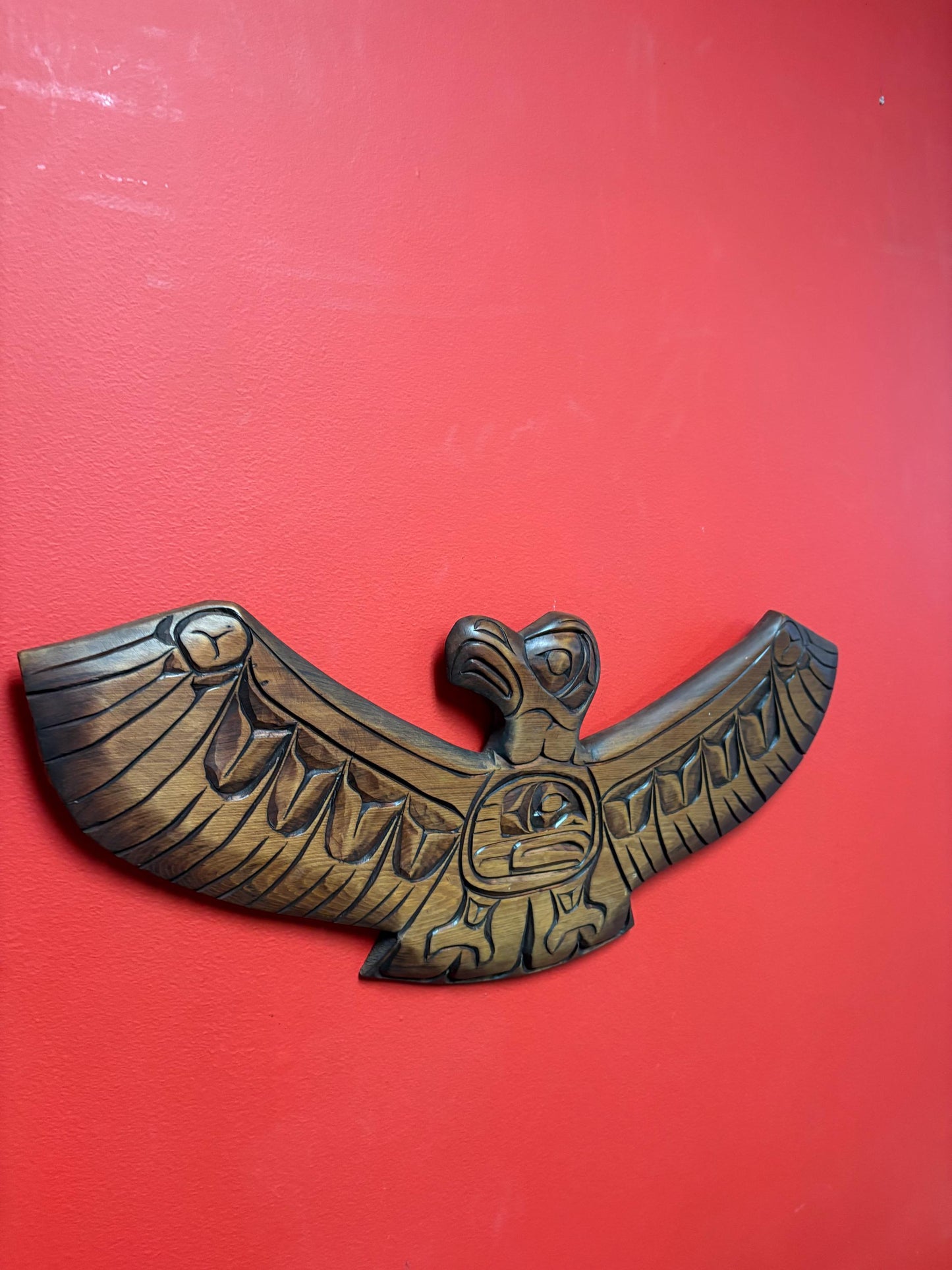 Huge 21 x 9 high signed indigenous First Nations cedar Eagle transformation plaque  great detail -