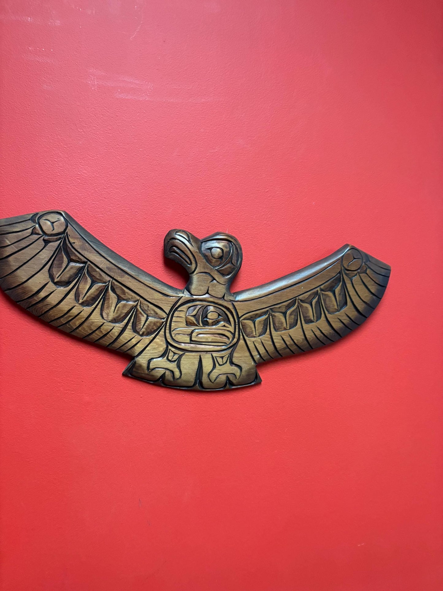 Huge 21 x 9 high signed indigenous First Nations cedar Eagle transformation plaque  great detail -