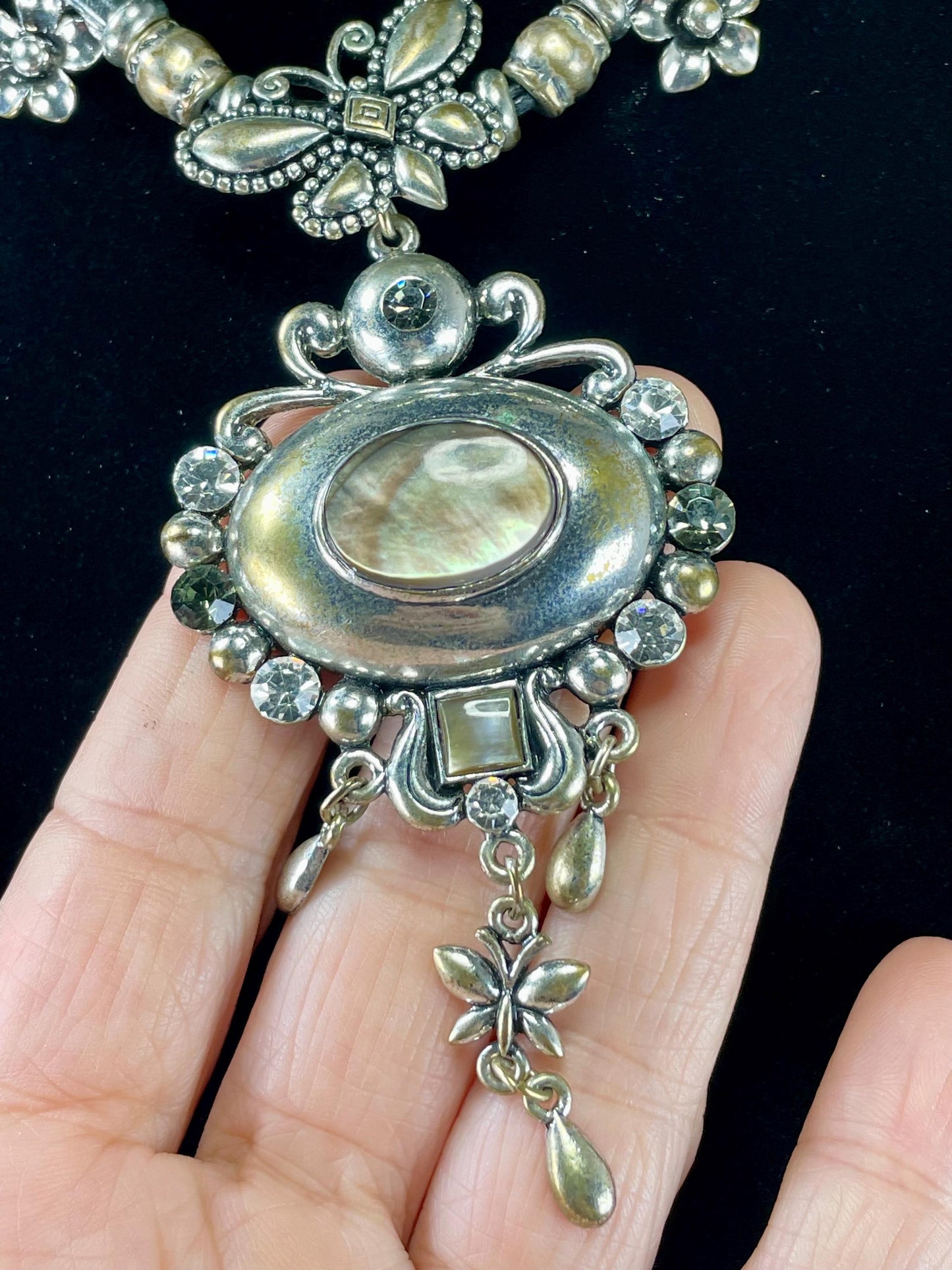 Mother of Pearl Pendant Necklace with Butterfly Accent  15 inch necklace, 3 inch Pendant