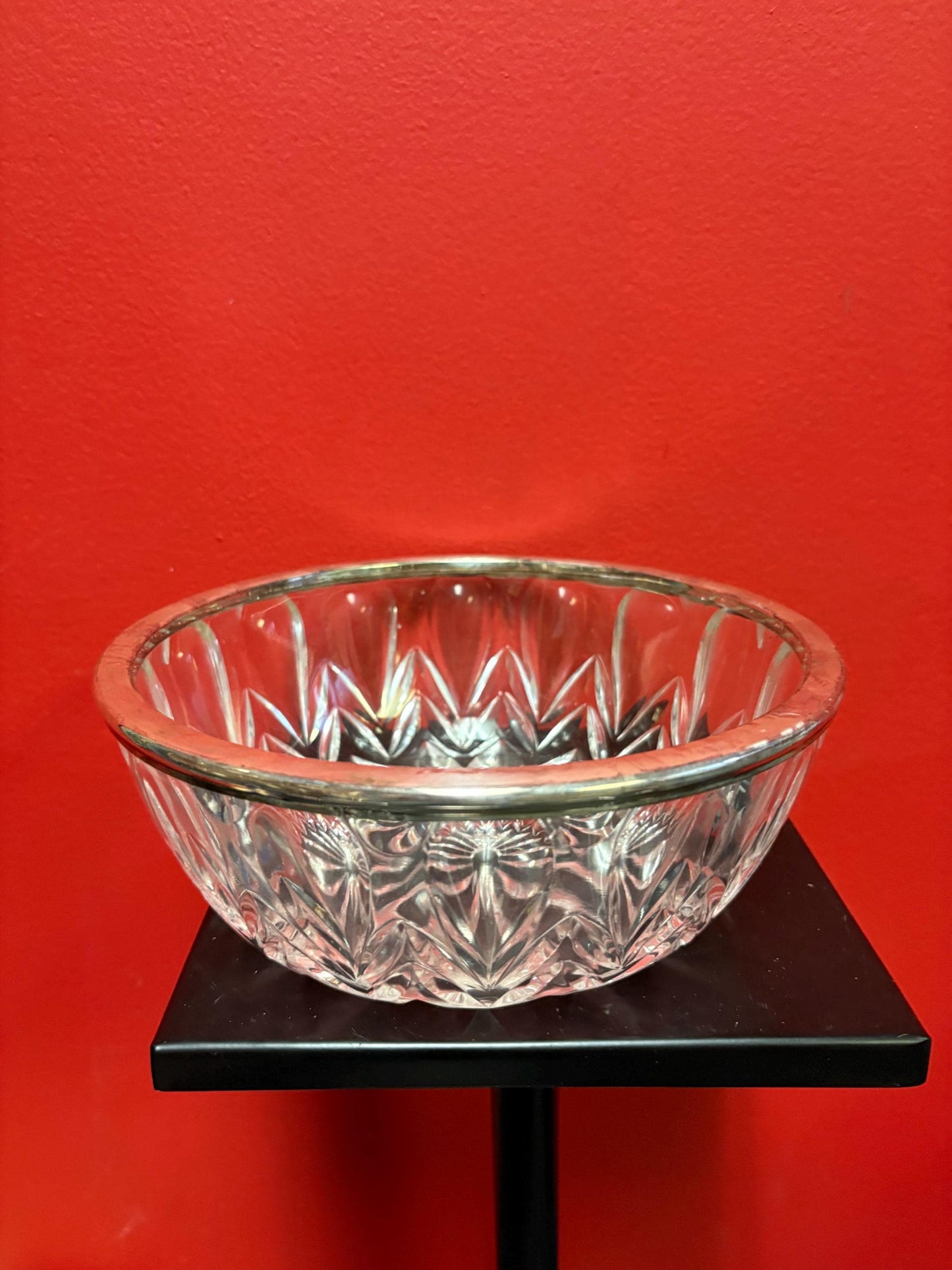 Beautiful European silver rimmed crystal bowl wonderful gift  great condition great value  8 1/2 x 3 high