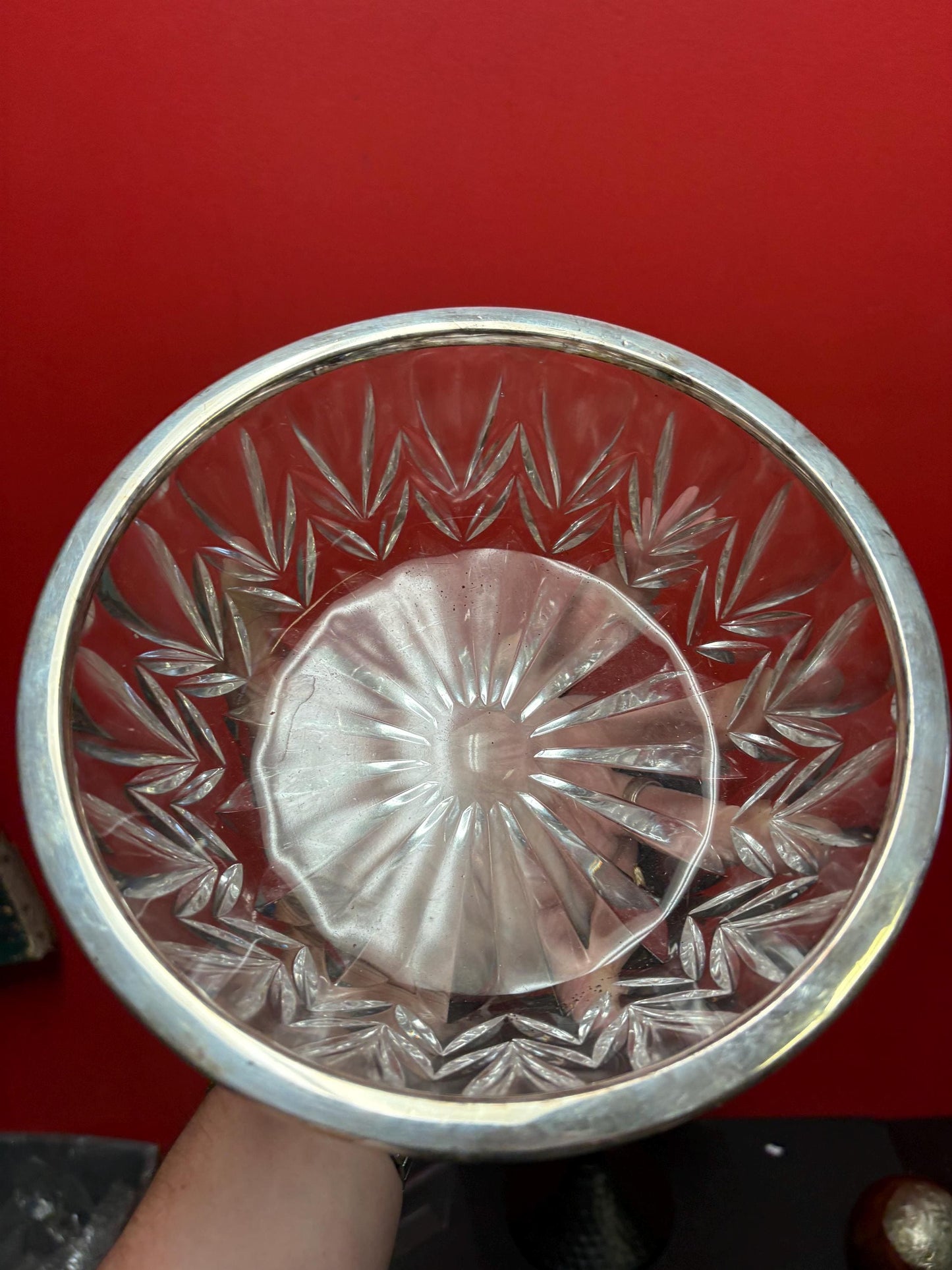 Beautiful European silver rimmed crystal bowl wonderful gift  great condition great value  8 1/2 x 3 high