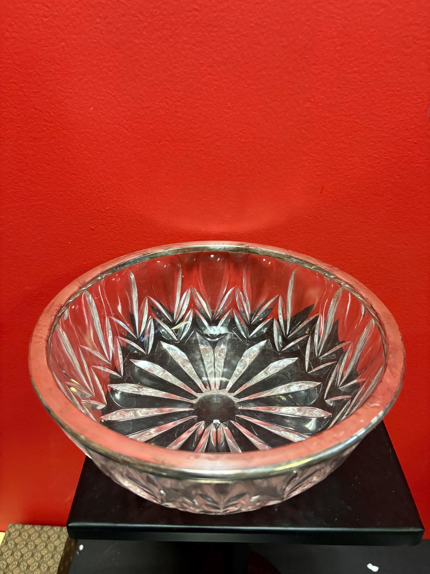 Beautiful European silver rimmed crystal bowl wonderful gift  great condition great value  8 1/2 x 3 high