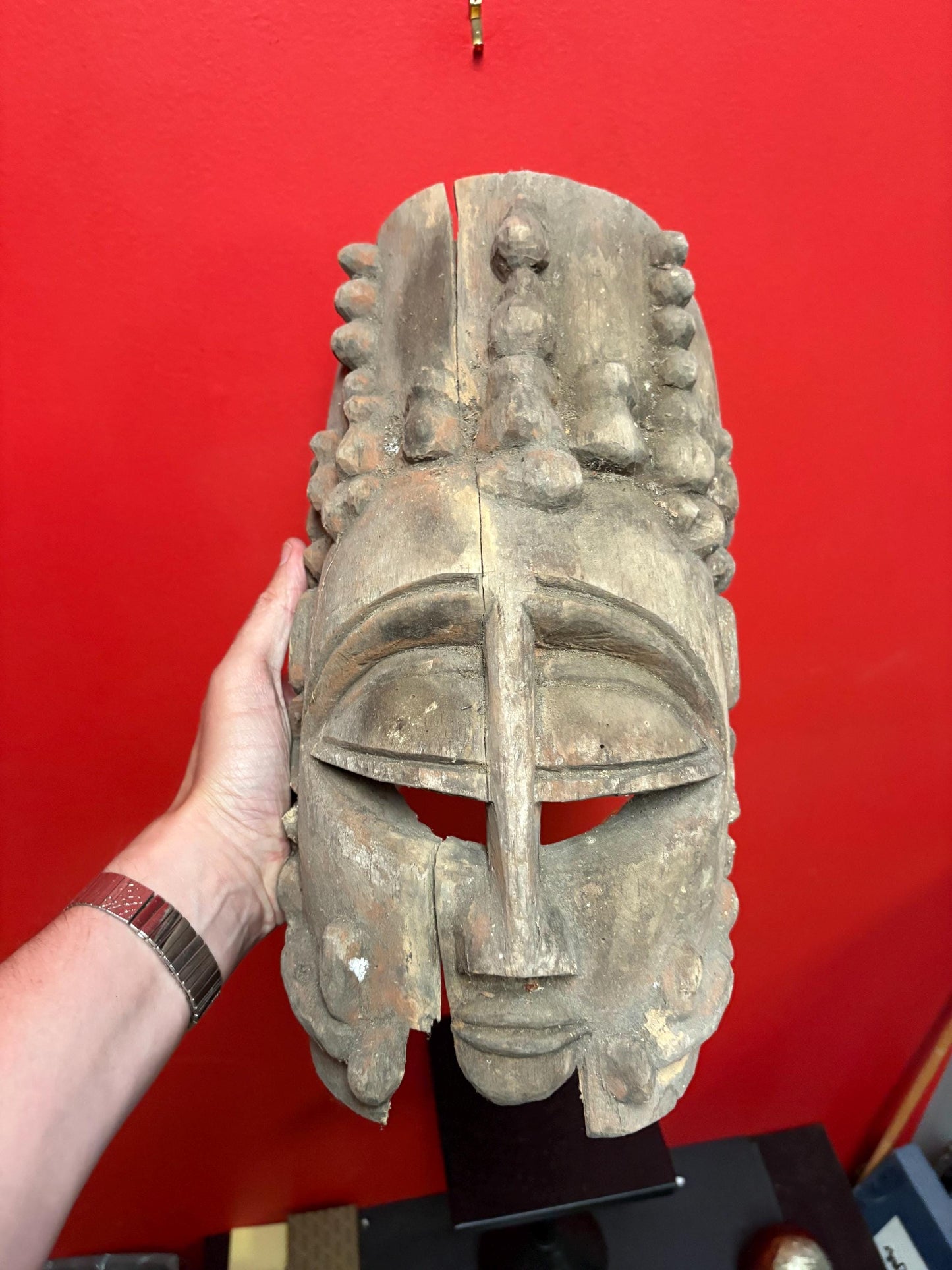 Early antique African mask  some damage and 13 inches long  seems ceremonial and very cool