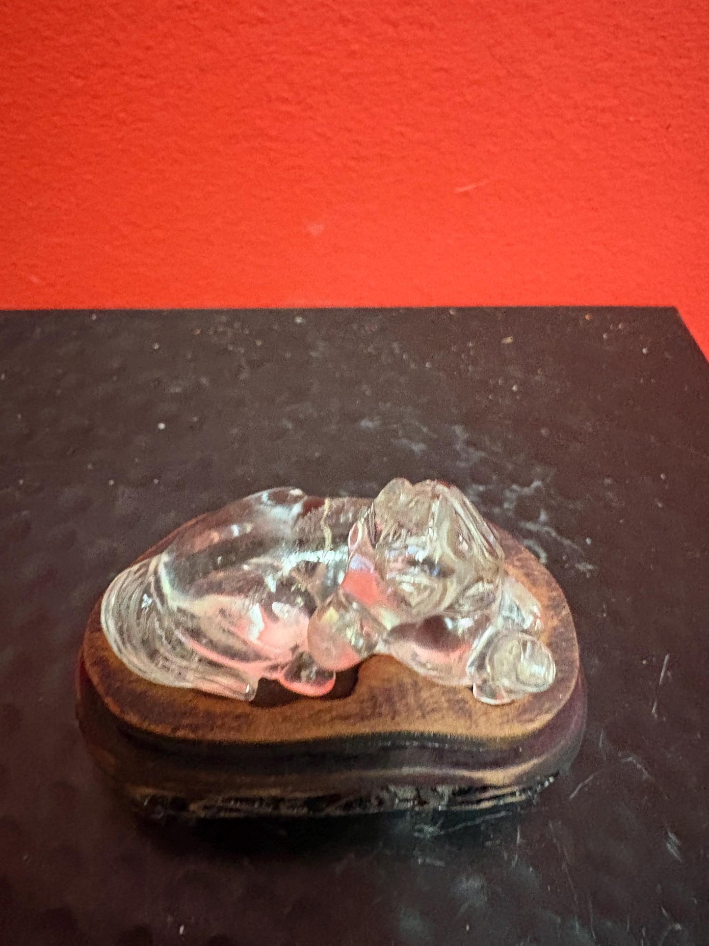 Lovely 2 inch long Chinese rock crystal horse on carved wooden stand