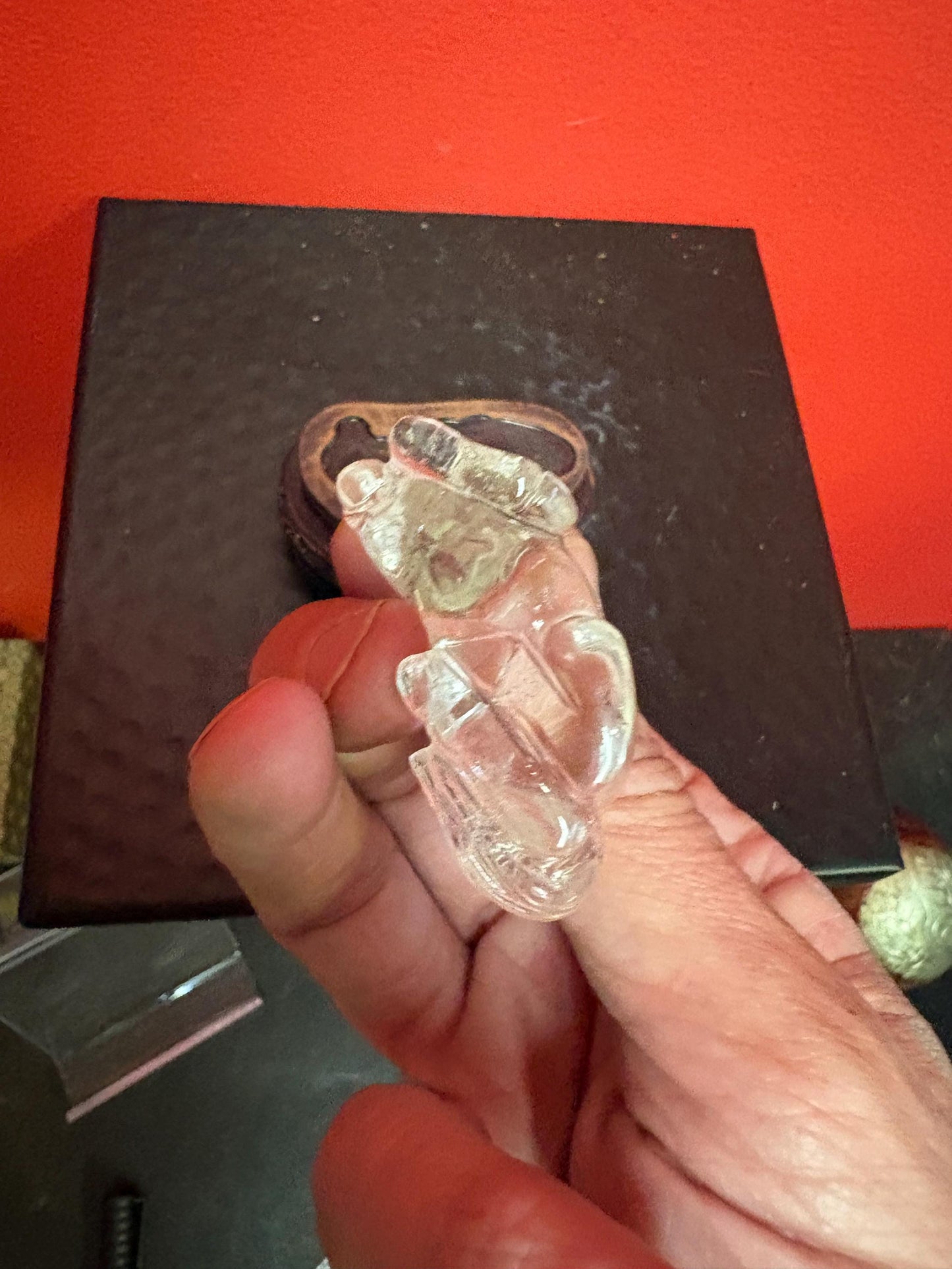 Lovely 2 inch long Chinese rock crystal horse on carved wooden stand