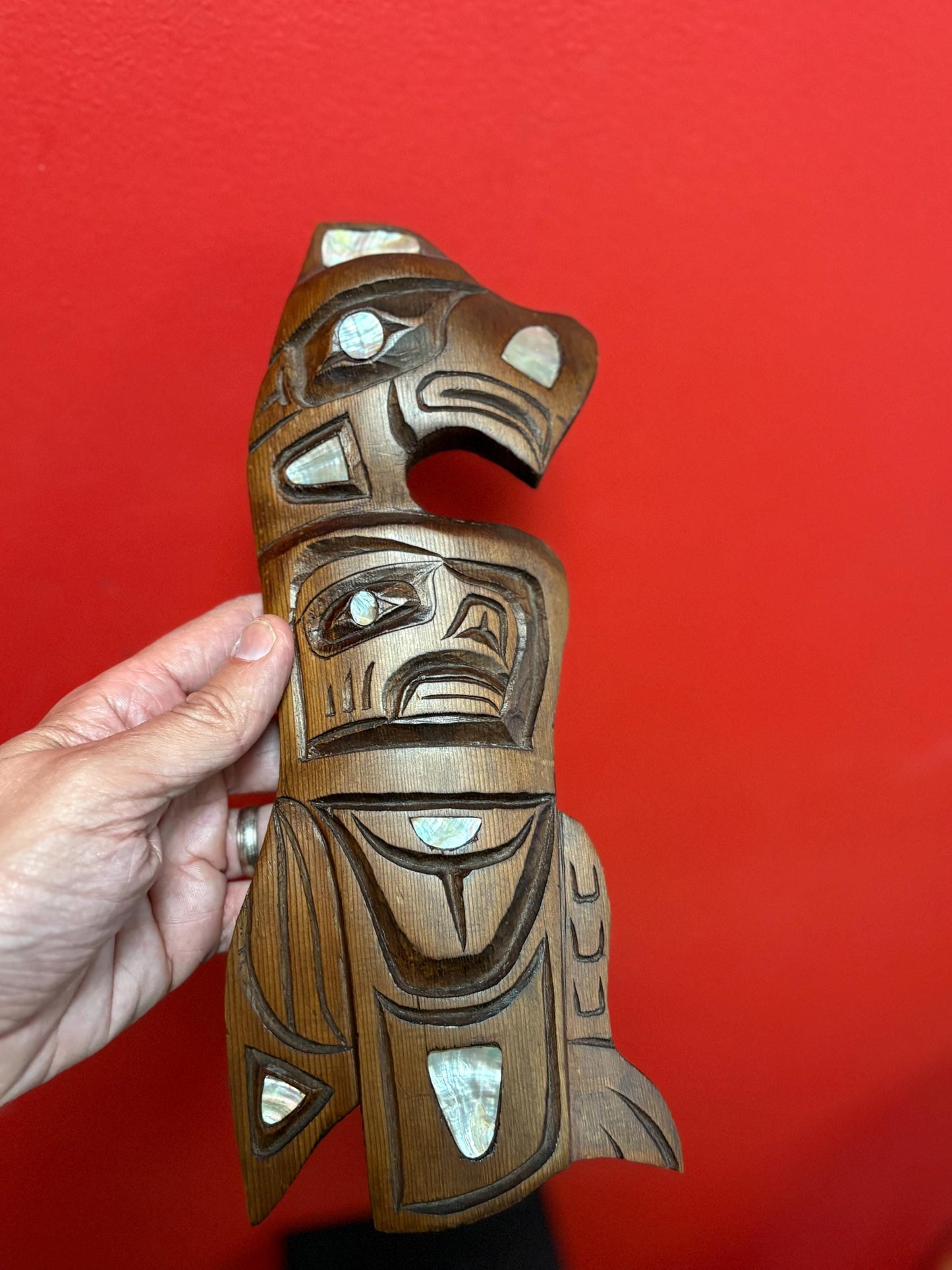 Beautiful indigenous 12 x 5 wide first nations pacific north West Coast Eagle transformation plaque with abalone accents  unsigned