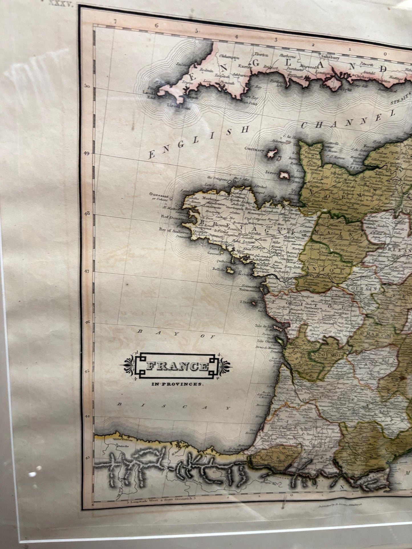 Early 19 century Scottish map of France in beautiful frame  30 by 22 inches  great home decoration or gift- B