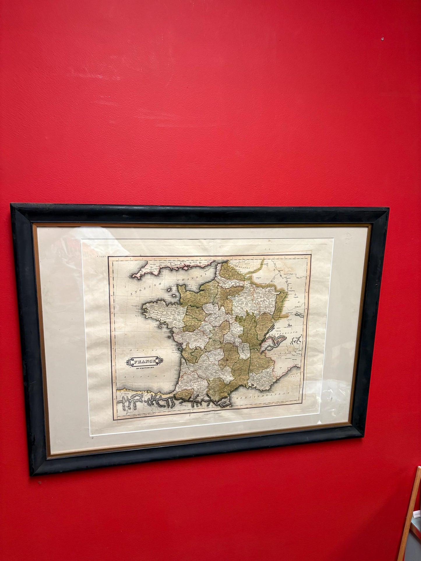 Early 19 century Scottish map of France in beautiful frame  30 by 22 inches  great home decoration or gift- B