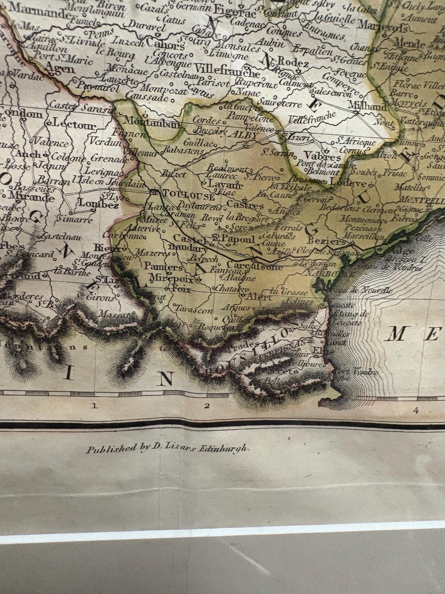 Early 19 century Scottish map of France in beautiful frame  30 by 22 inches  great home decoration or gift- B