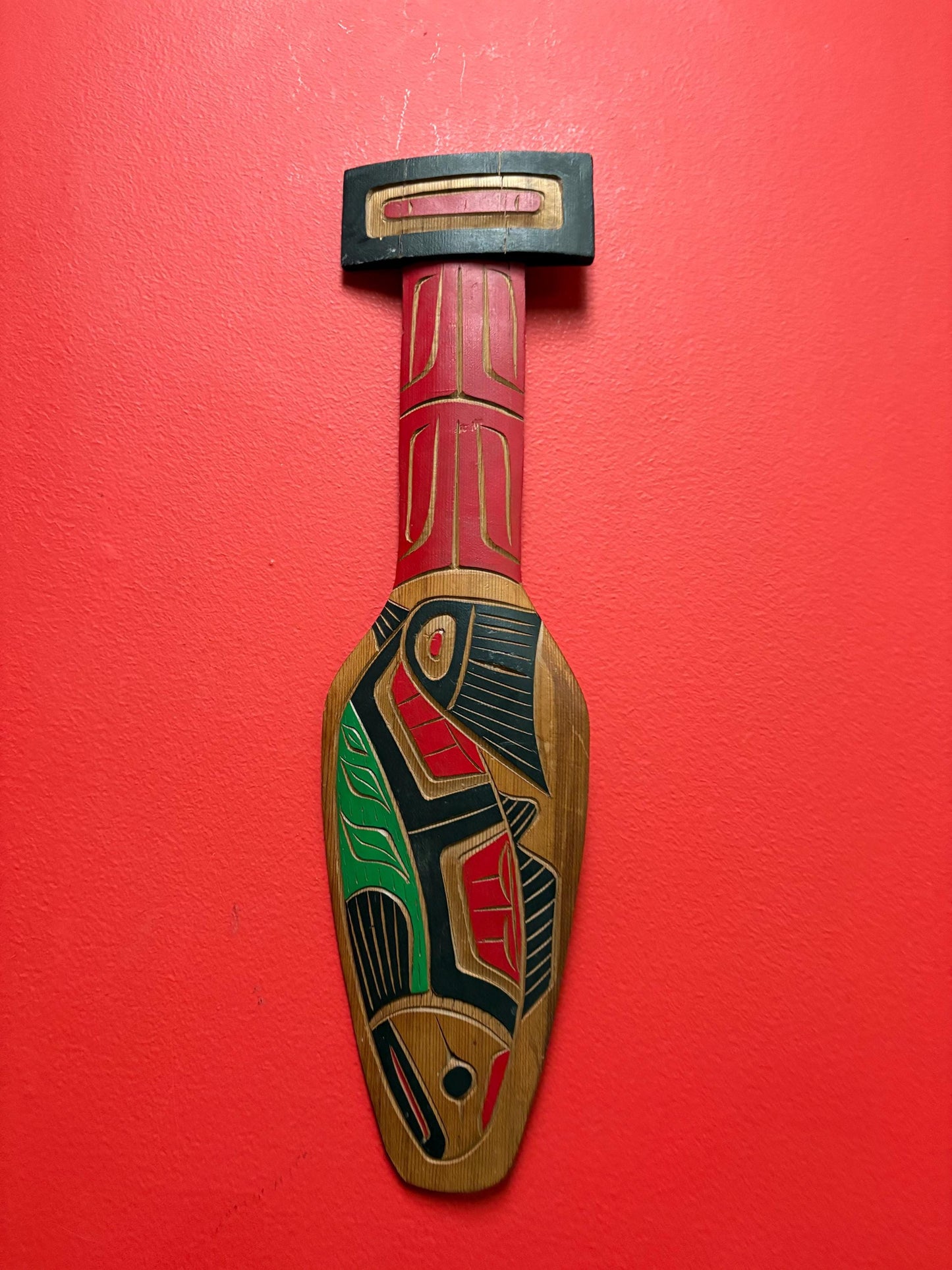 Beautiful indigenous first nations Pacific Northwest coast Neil Baker polychrome painted cedar paddle  great detail  17 x 5 wide
