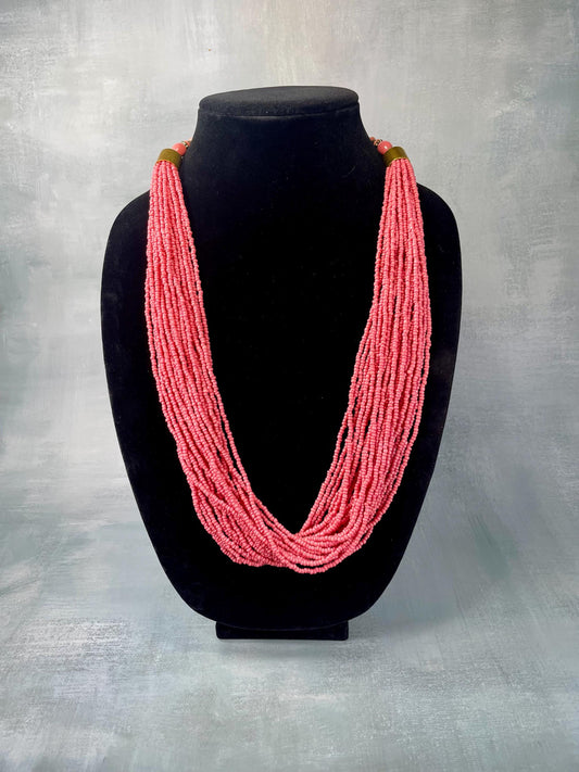 Gorgeous Salmon Coloured Beaded, Layered Necklace with Gold-toned Accents