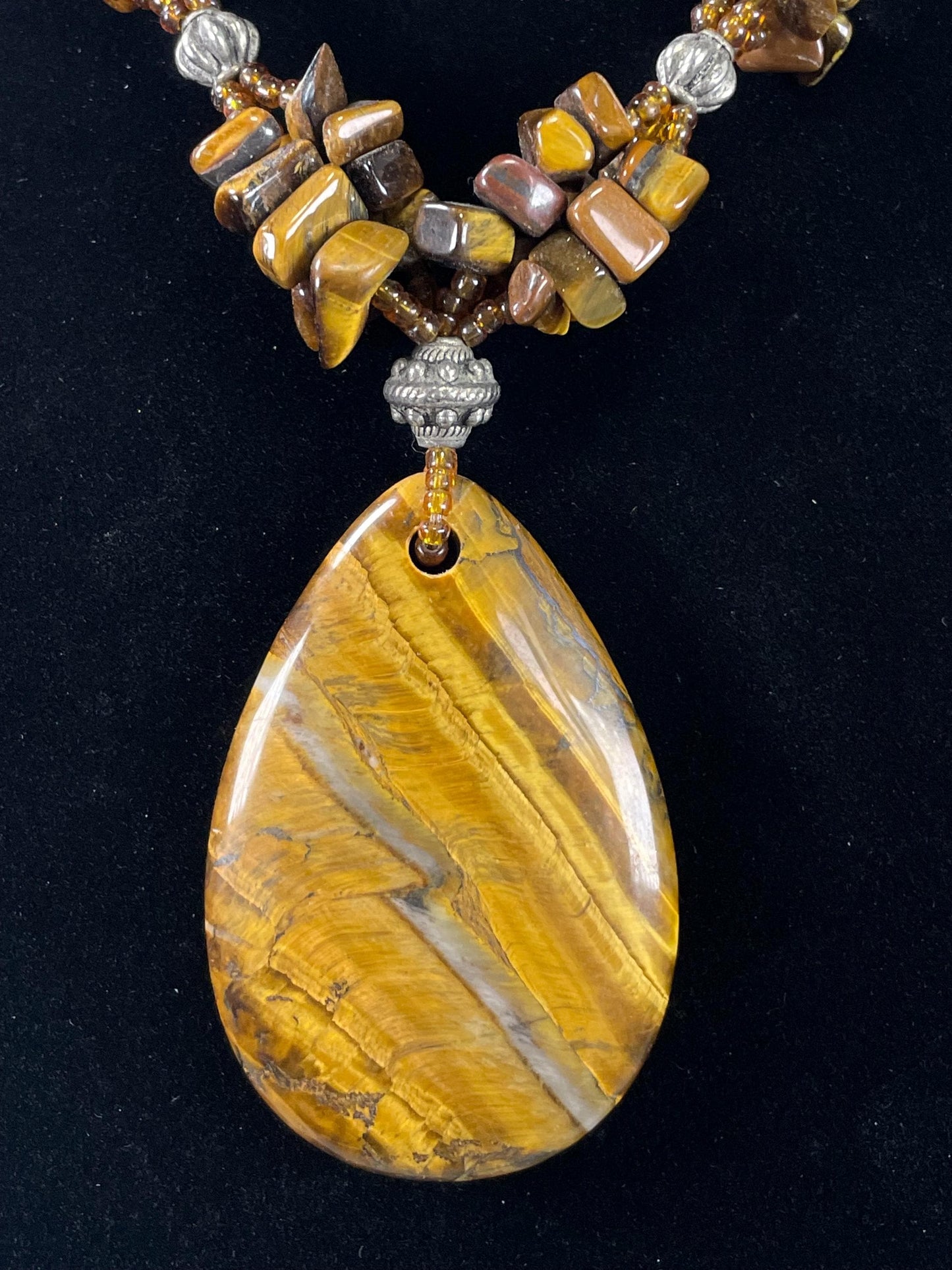 Amazing Tigers Eye Beaded Necklace and Large Pendant