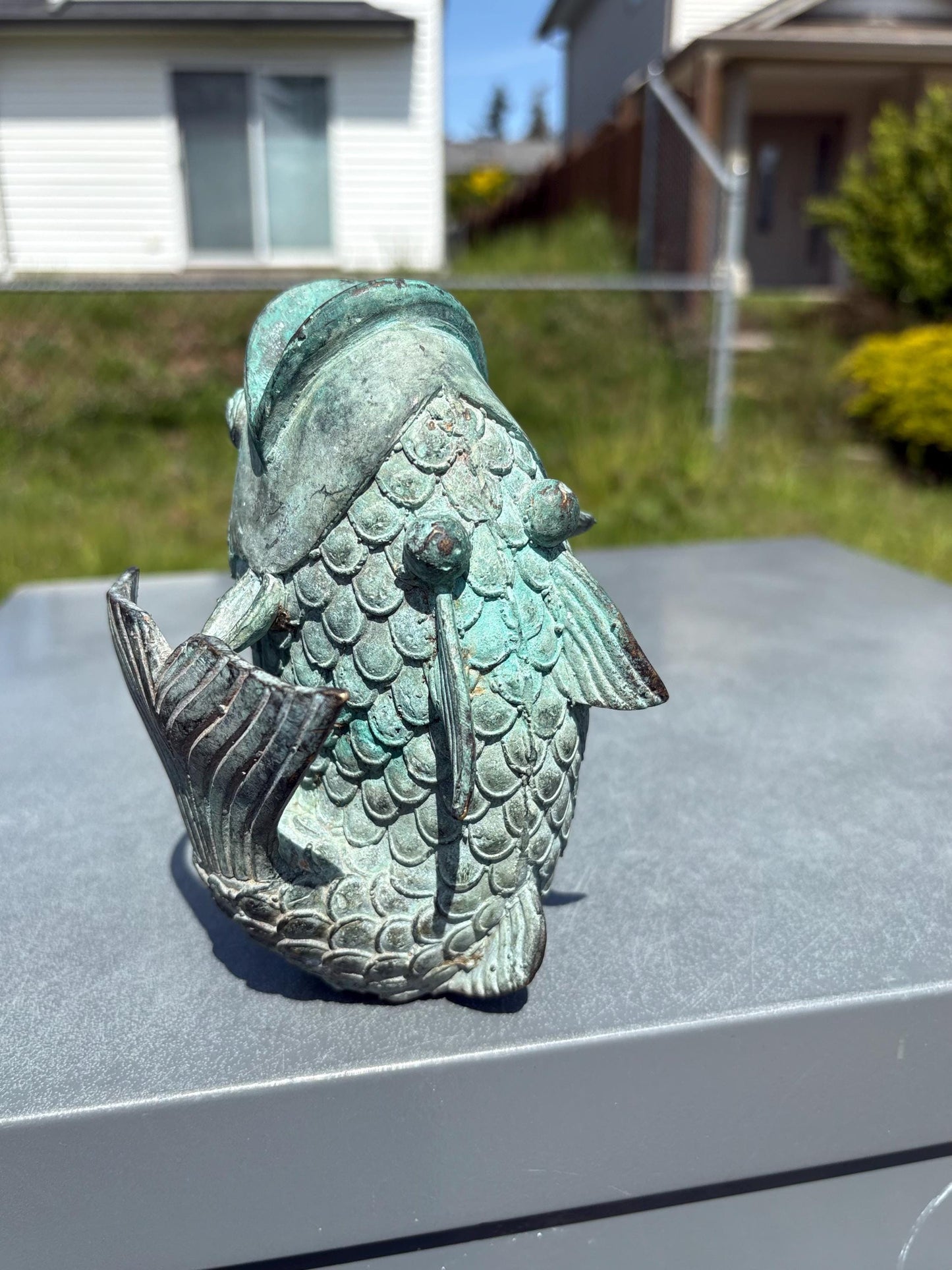 Stunning old Japanese 6 inch bronze Koi fish with wonderful patina — intense beauty — Japanese art — great gift