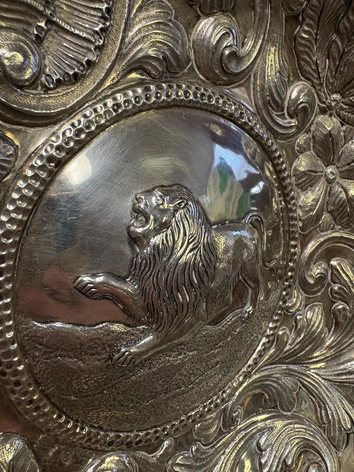 Stunning massive solid European antique Hallmarked sterling silver bowl   12 inches 495 g  wonderful lion motif  fabulous sterling silve