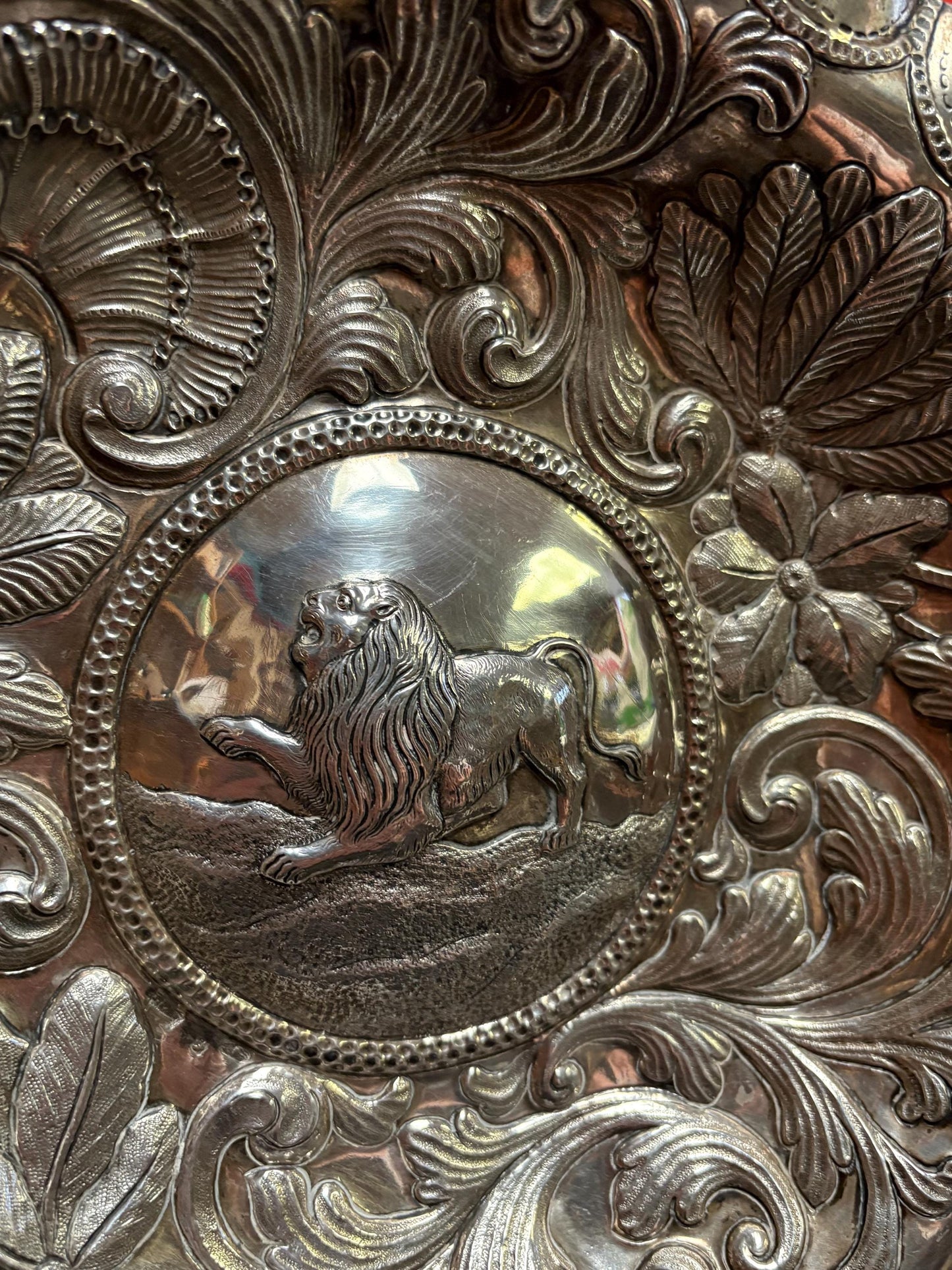 Stunning massive solid European antique Hallmarked sterling silver bowl   12 inches 495 g  wonderful lion motif  fabulous sterling silve