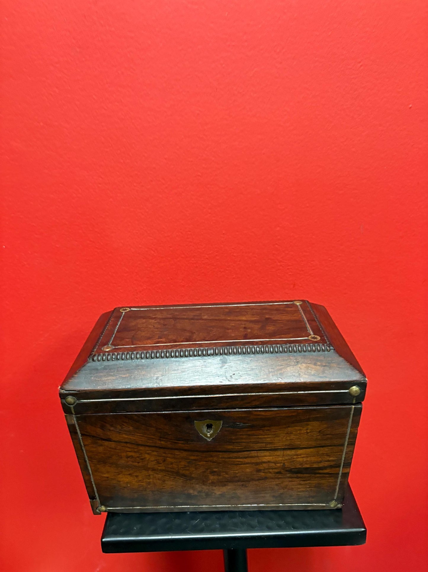Fabulous early 19 century wooden jewelry or sewing box  in amazing condition  beautifully lined inside and 8 x 5 x 4 high  wonderful gift