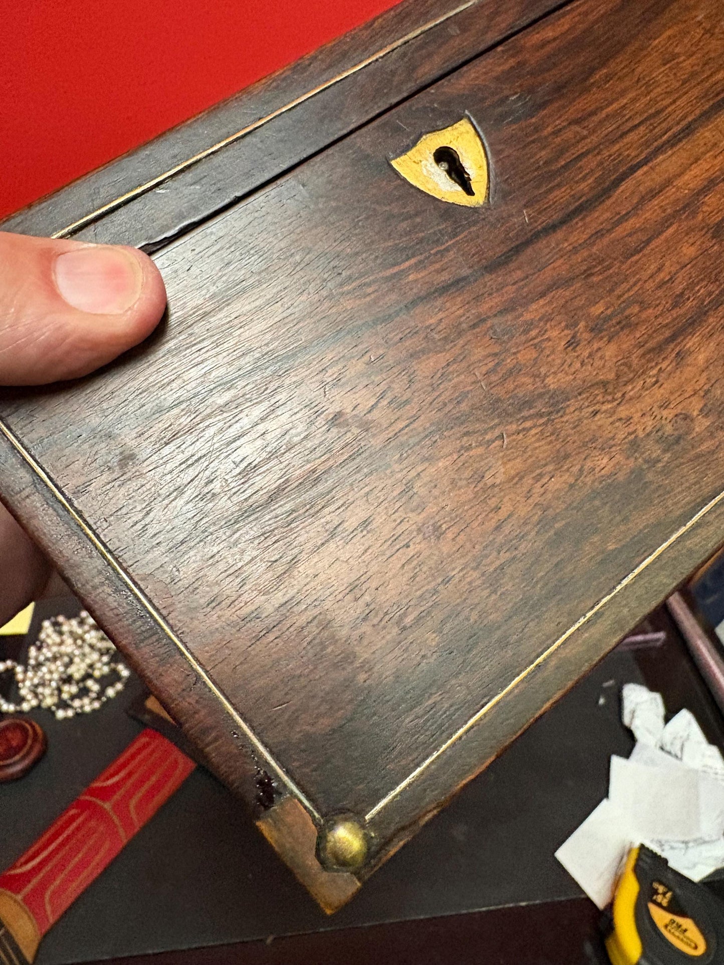 Fabulous early 19 century wooden jewelry or sewing box  in amazing condition  beautifully lined inside and 8 x 5 x 4 high  wonderful gift