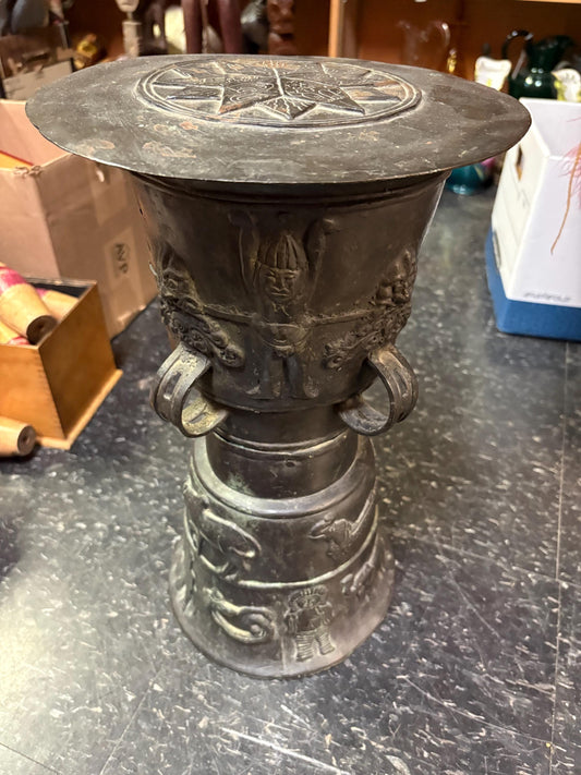 Amazing Southeast Asian bronze rain drum   antique museum quality 16 inches tall  wow  great patina