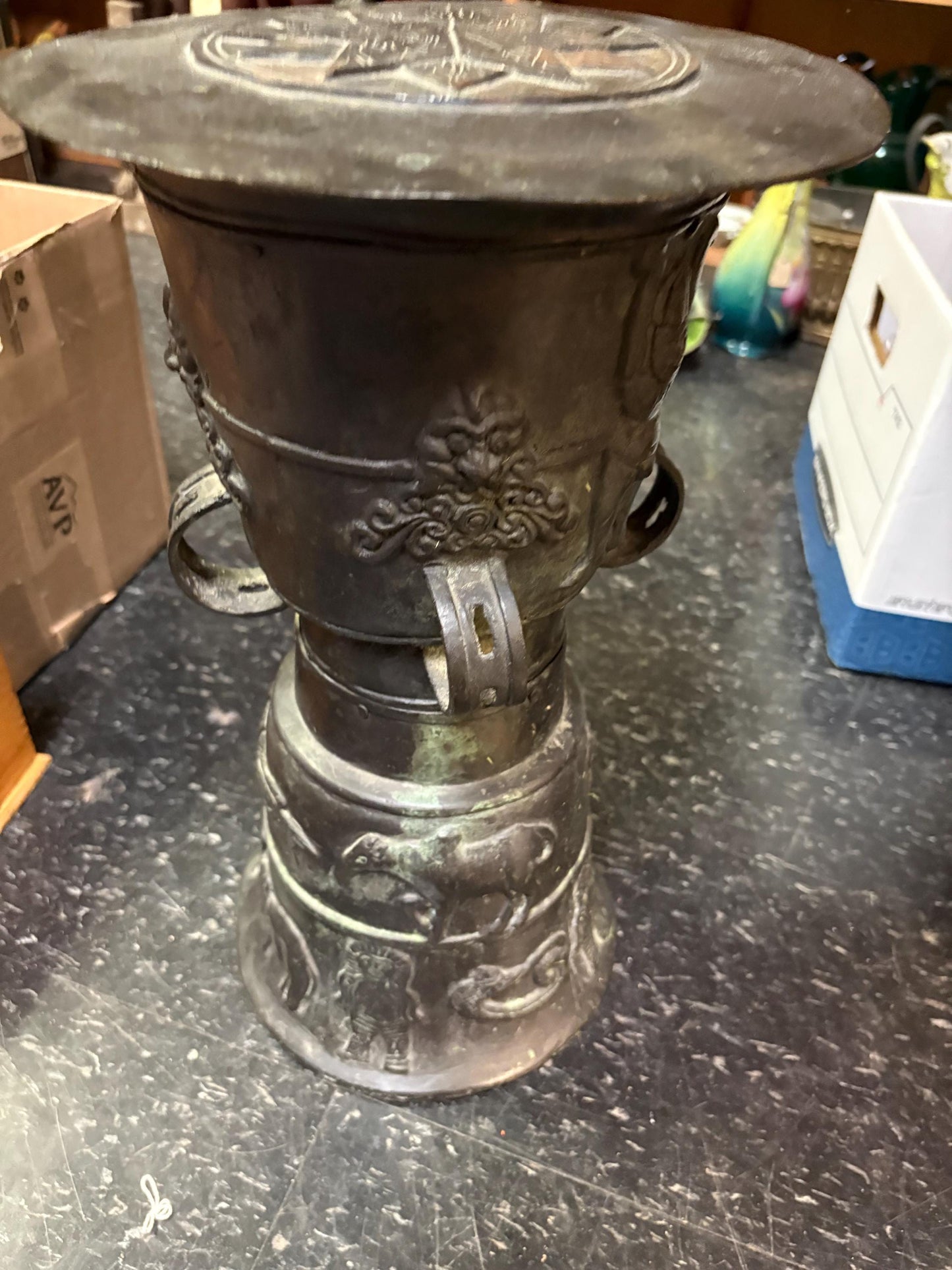 Amazing Southeast Asian bronze rain drum   antique museum quality 16 inches tall  wow  great patina