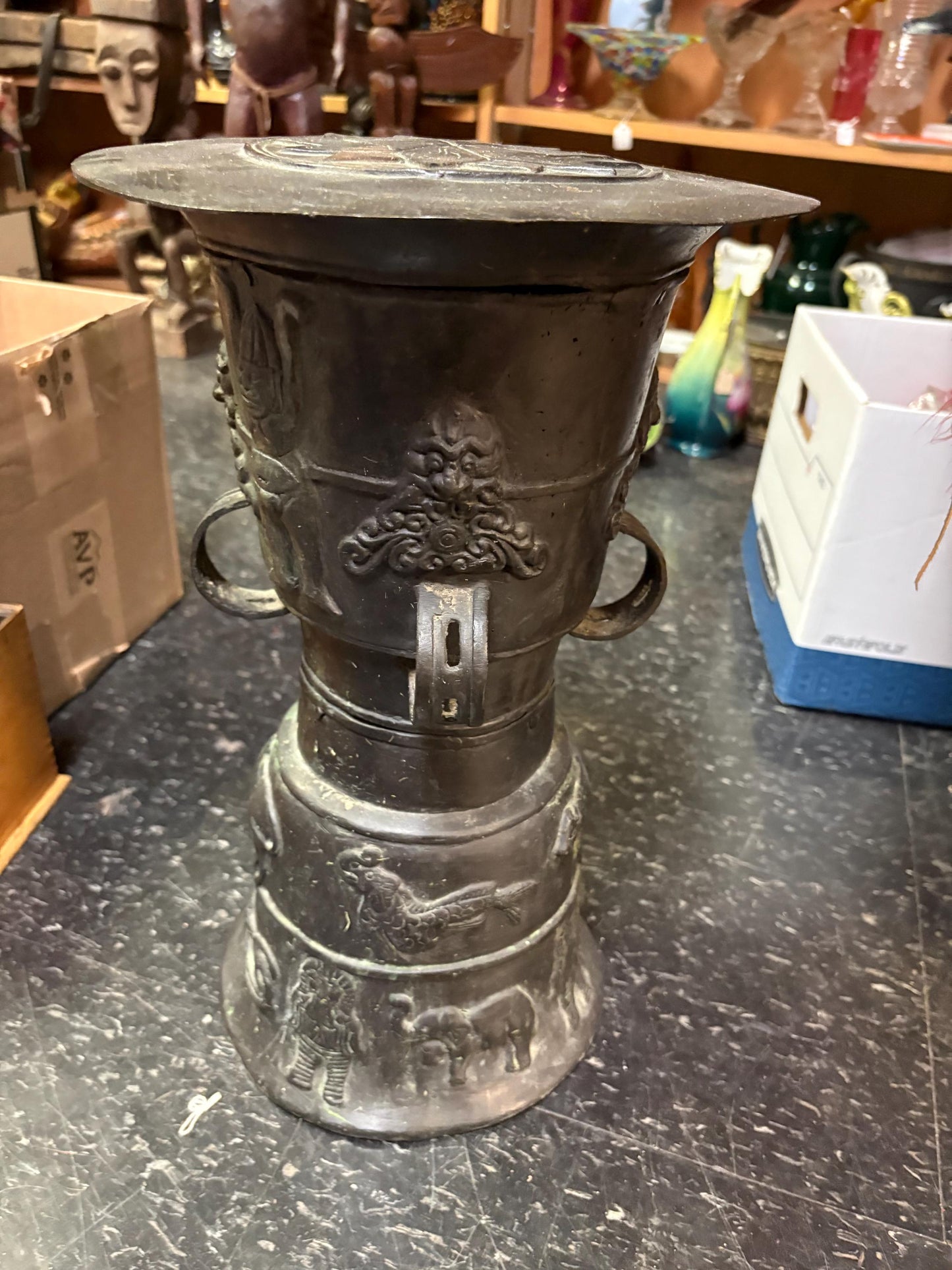 Amazing Southeast Asian bronze rain drum   antique museum quality 16 inches tall  wow  great patina