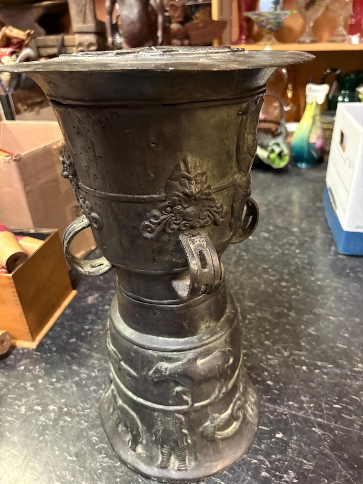 Amazing Southeast Asian bronze rain drum   antique museum quality 16 inches tall  wow  great patina