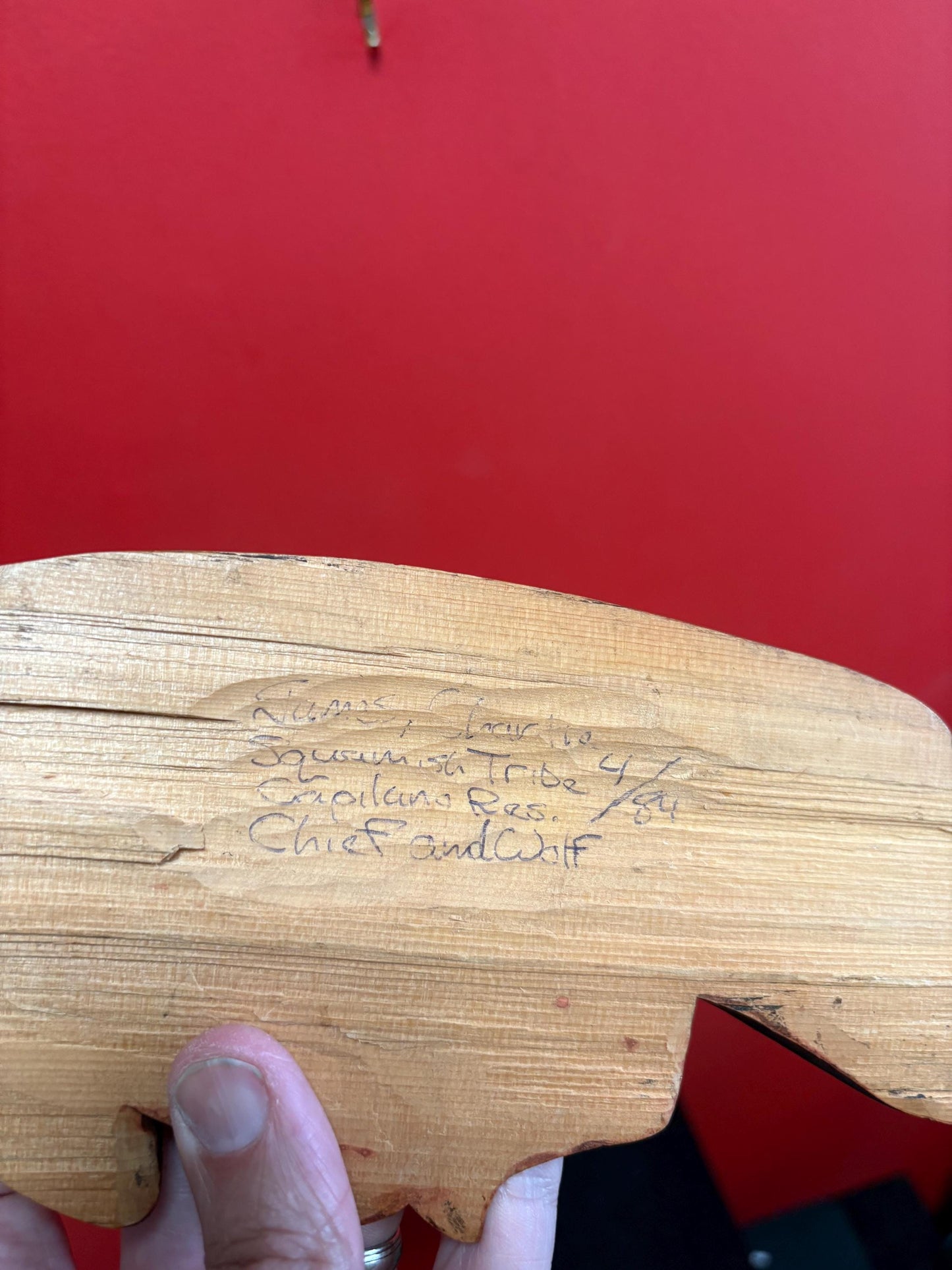 Lovely 14 x 4“ wide indigenous first nations Pacific Northwest Coast 1984 James Charlie chief and Wolf plaque great value