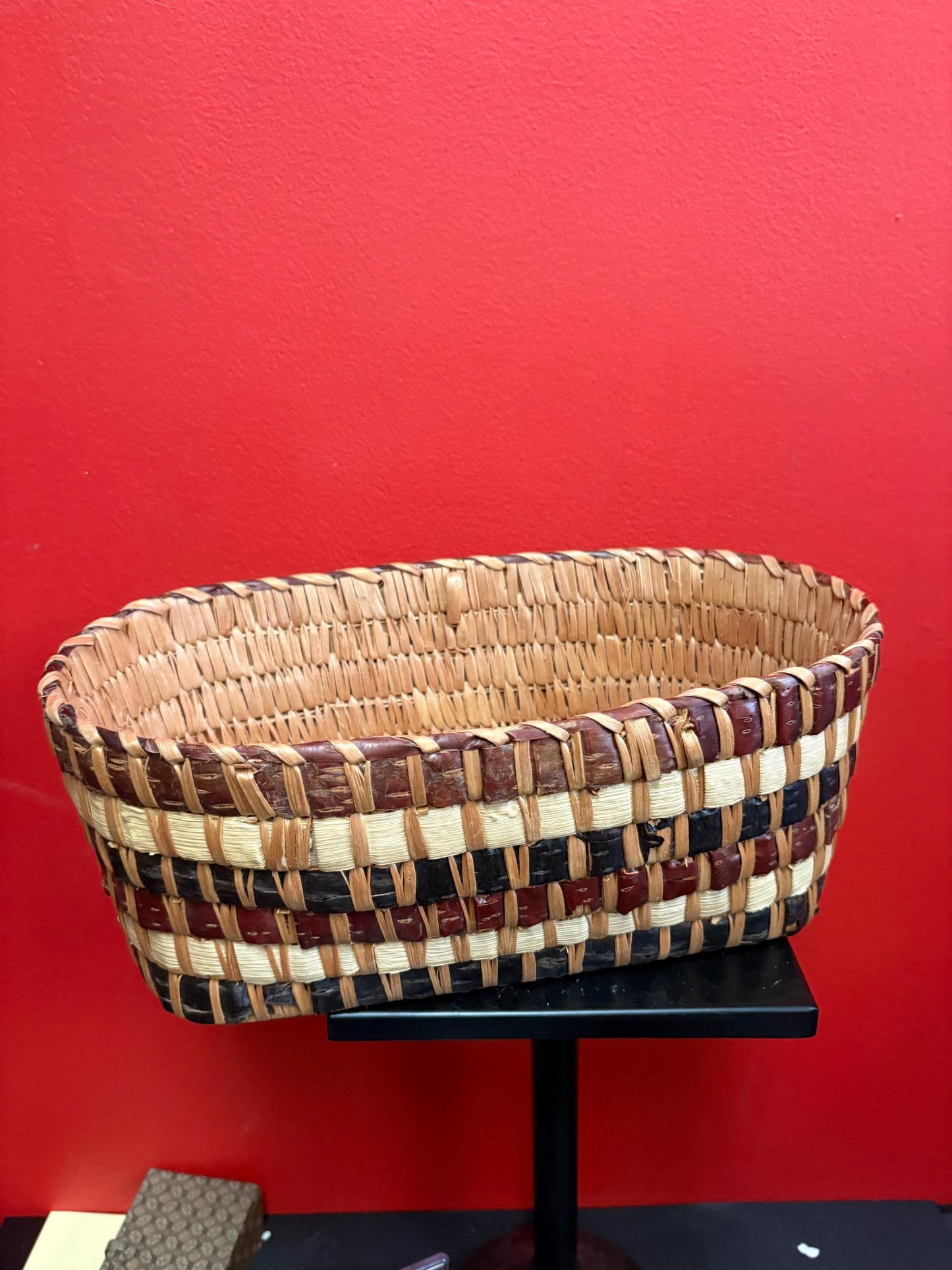 Lovely 13 x 8 x 5 high Canadian indigenous first nations West Coast weaved cedar basket  unusual colors and good antique condition