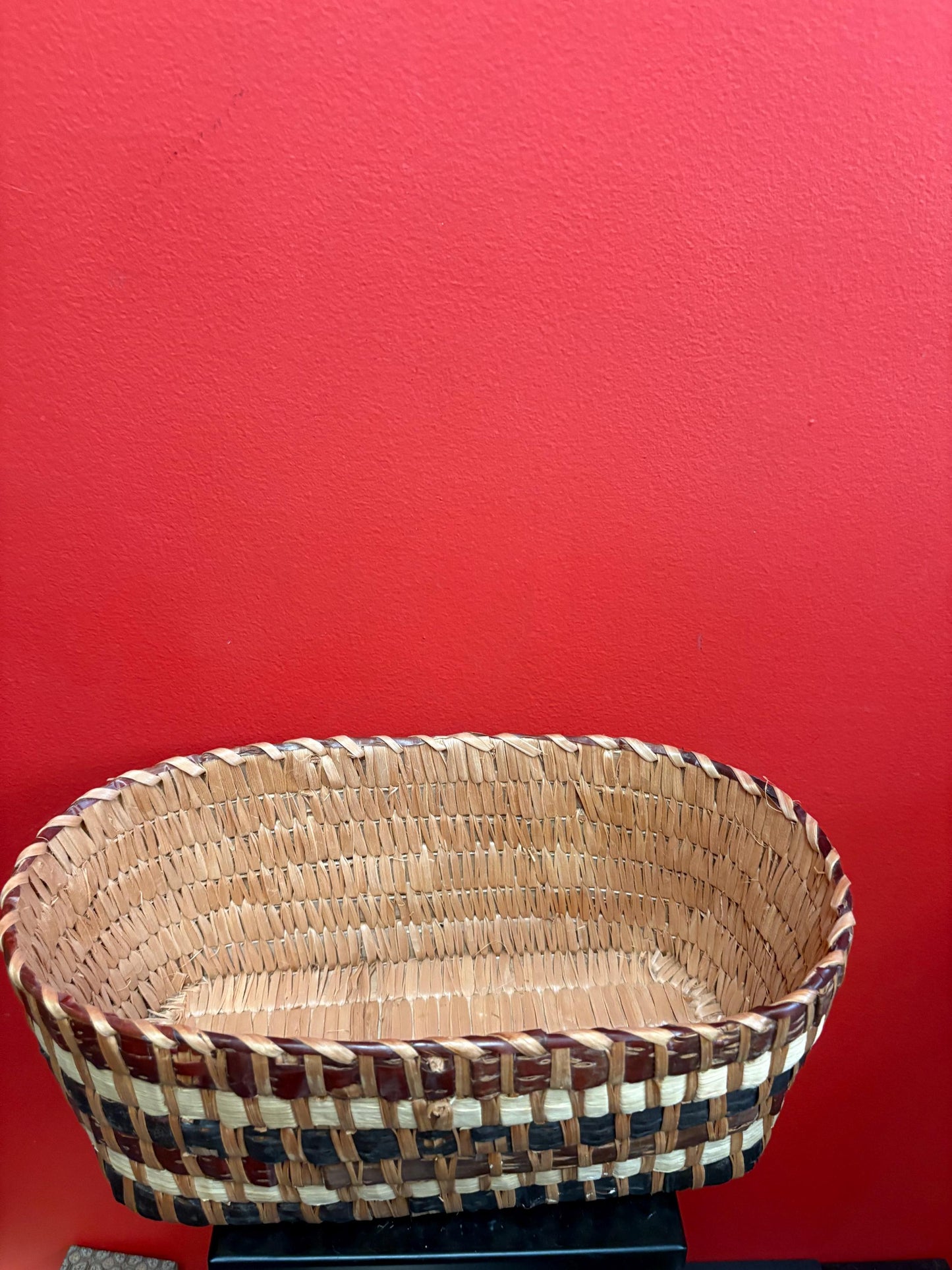 Lovely 13 x 8 x 5 high Canadian indigenous first nations West Coast weaved cedar basket  unusual colors and good antique condition