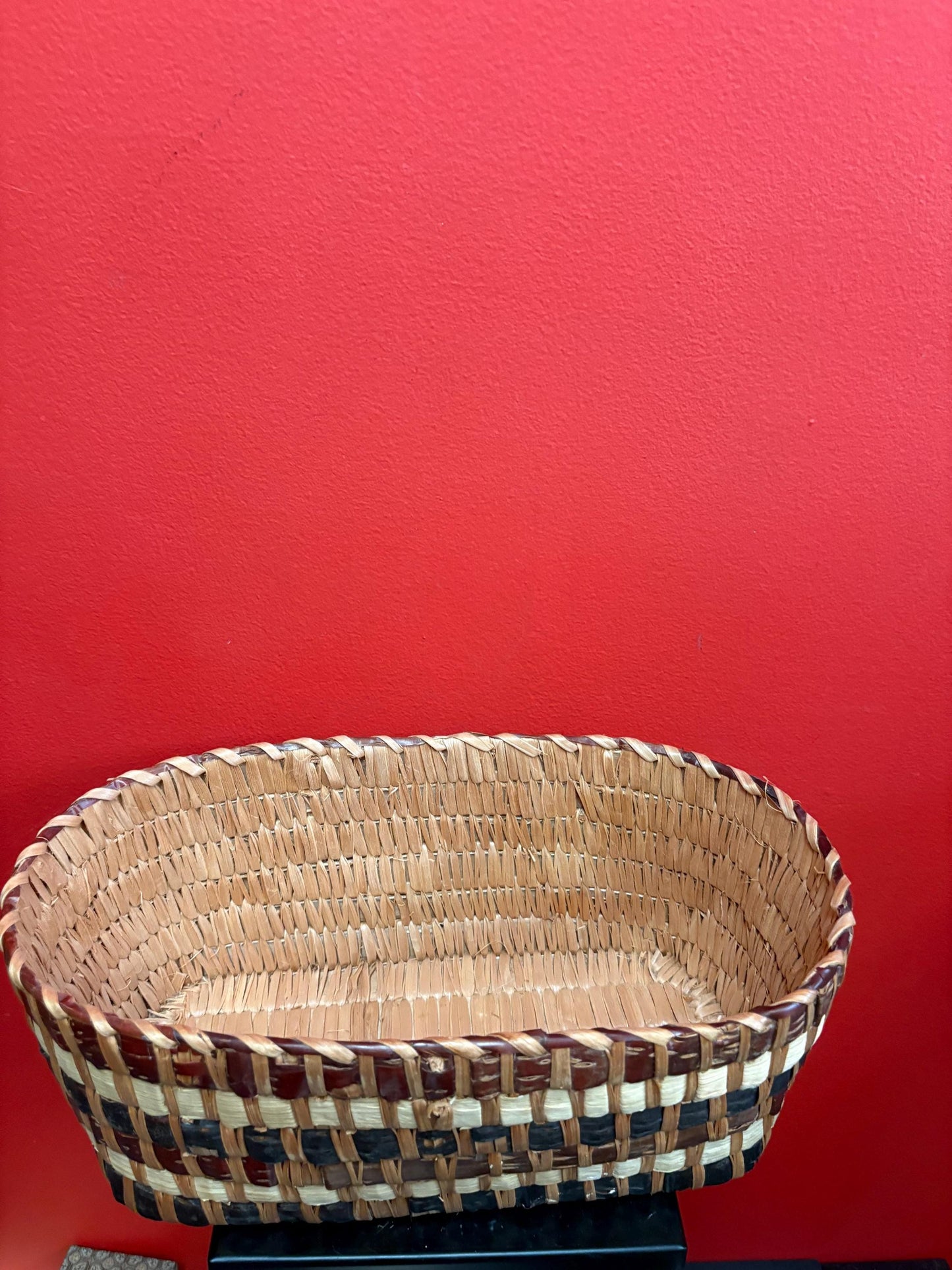 Lovely 13 x 8 x 5 high Canadian indigenous first nations West Coast weaved cedar basket  unusual colors and good antique condition