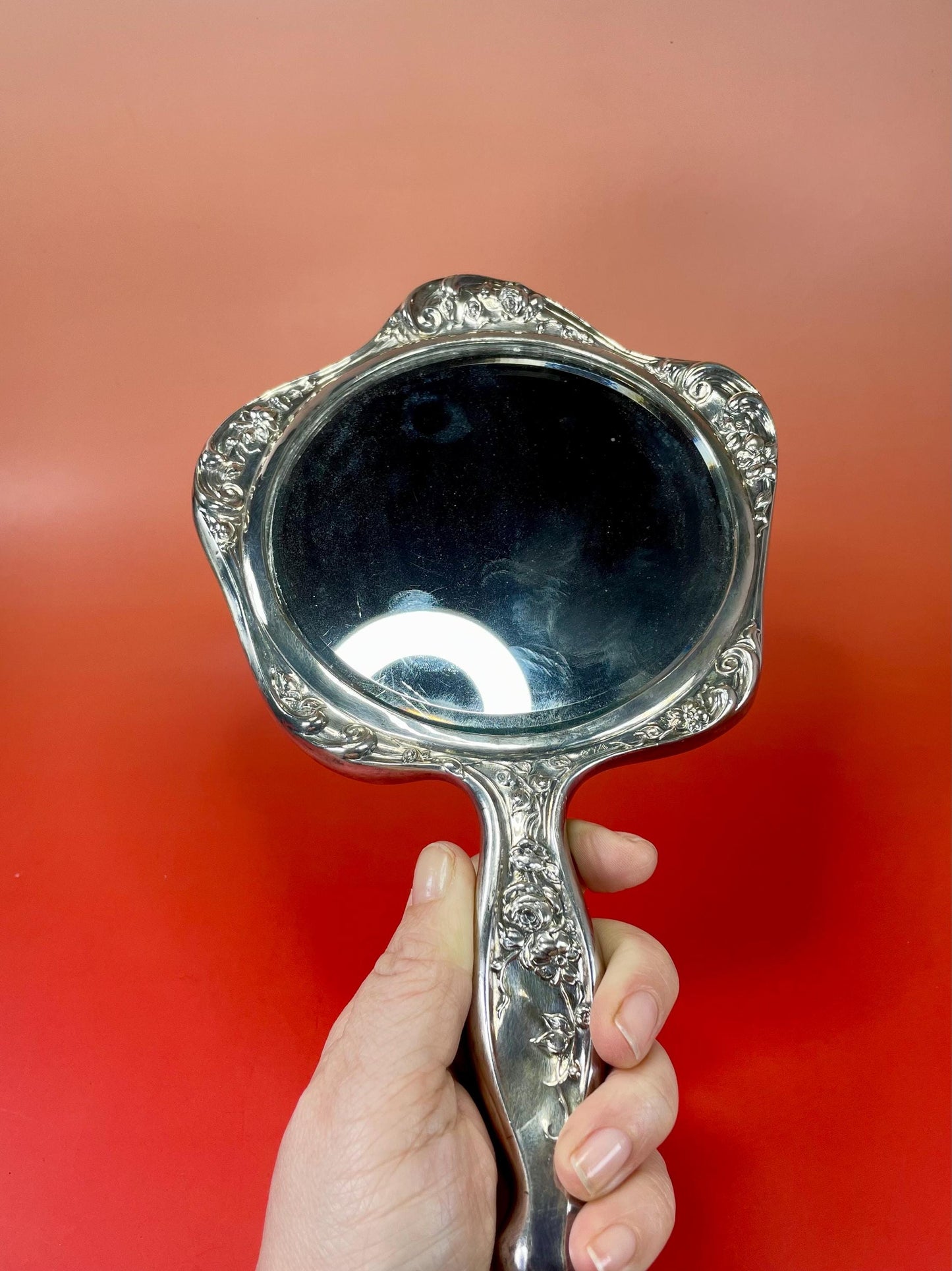 Stunning Victorian Silver Plated hand mirror with flower design   perfect gift -B