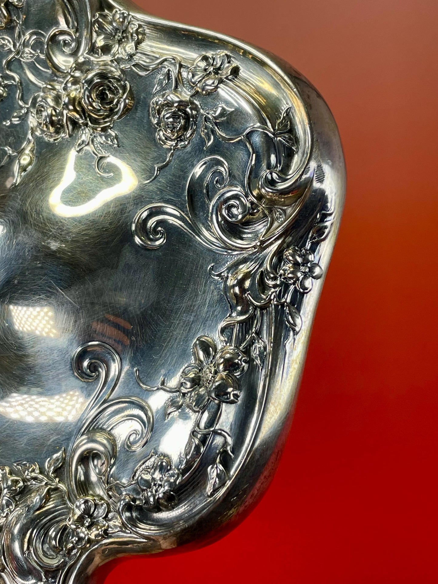 Stunning Victorian Silver Plated hand mirror with flower design   perfect gift -B